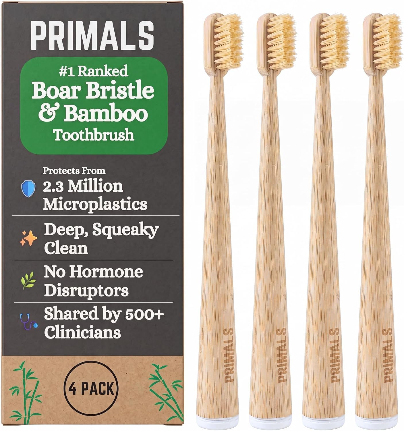 PRIMALS Boar Bristle & Bamboo Toothbrush (4-Pack) – Premium Boar Bristles – Fully Biodegradable – Plastic & Nylon Free – Quick Dry Design