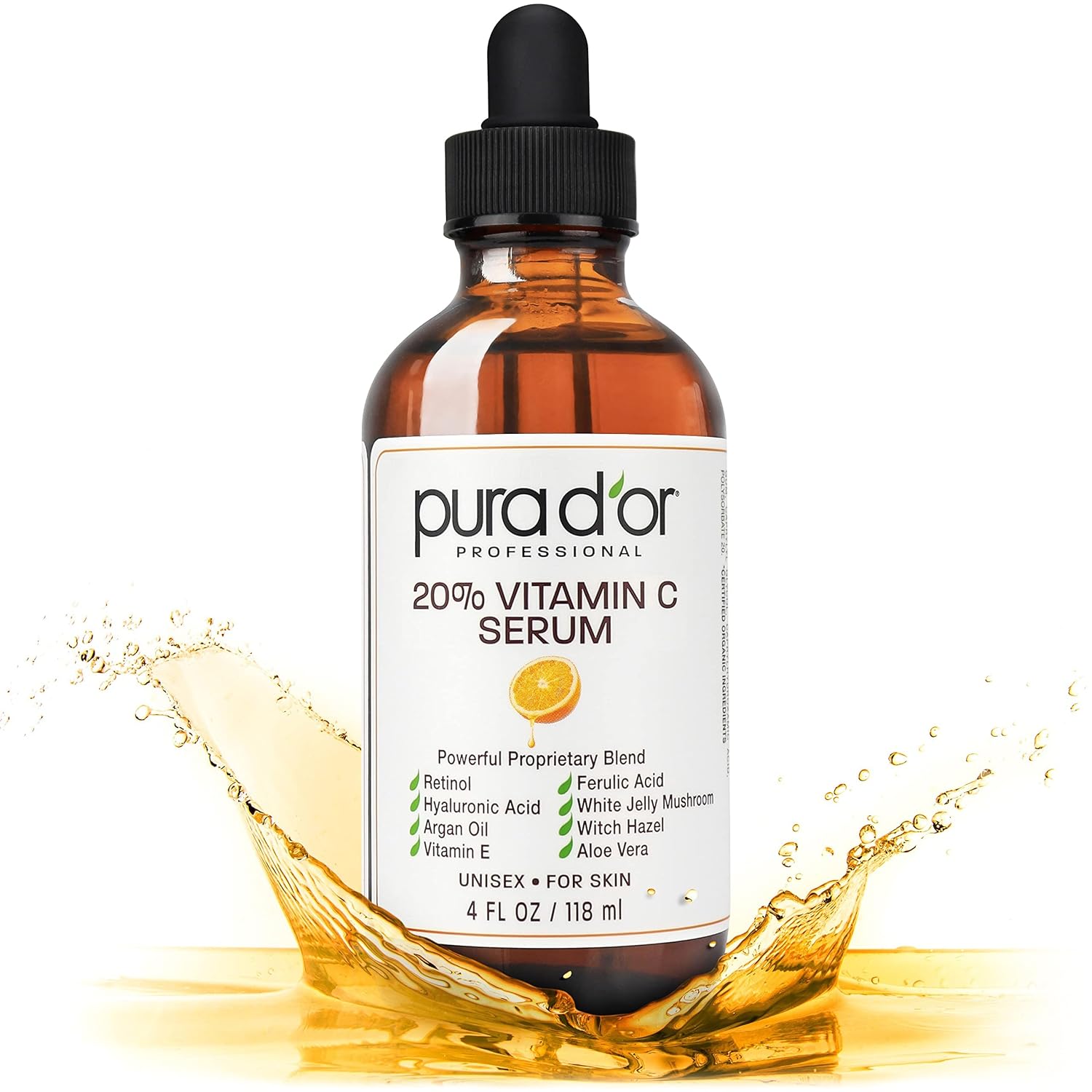 PURA D’OR 20% Vitamin C Anti-Aging Facial Serum, 4 fl oz | Smoother-Looking Texture, pH Balanced, Ferulic Booster, Antioxidant Support, Uneven Tone, Lightweight, Vegan, Cruelty-Free