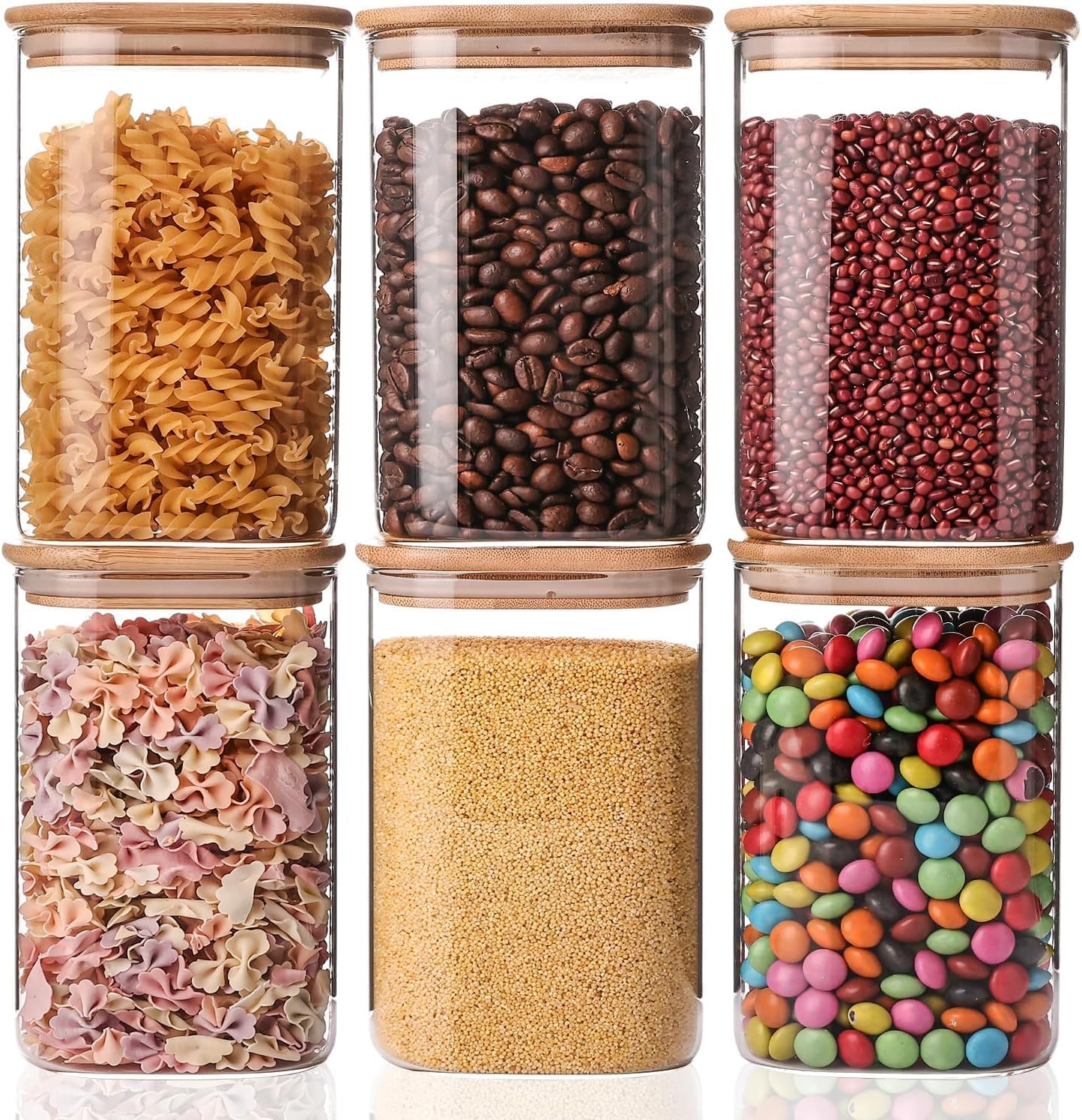 Liuruiyu 6 Pack Glass Food Storage Jars 37 oz,Glass Storage Containers Clear Glass Food Canister with Bamboo Lid Airtight For Serving Tea, Coffee, Flour, Sugar, Candy, Cookie, Spice and More (Square)