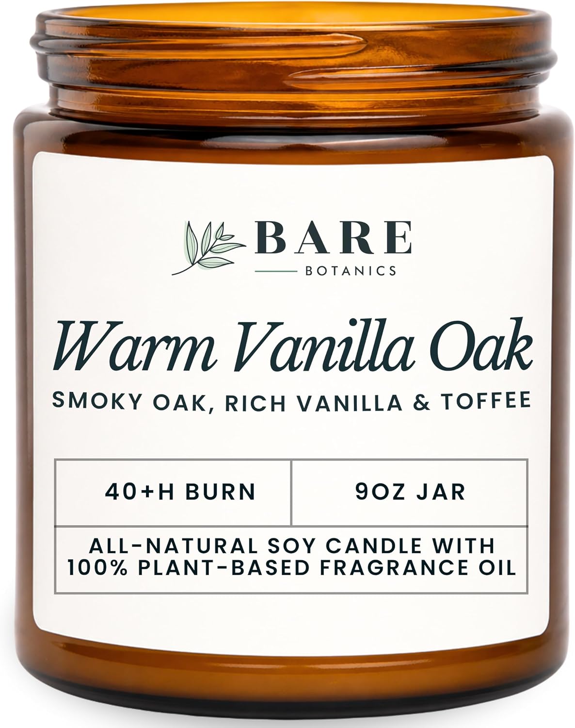 Bare Botanics 9oz Non Toxic Soy Candle Warm Vanilla Oak – 40+ Hour Burn | 100% Plant-Based Fragrance Oils | Handpoured in Wisconsin | Clean-Burning Soy Wax | Softly Scented Candle
