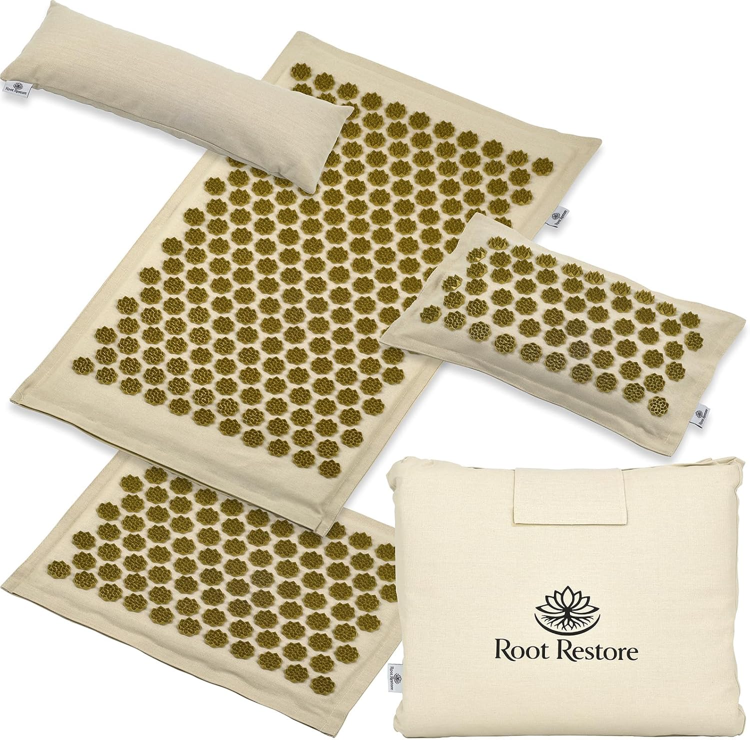 Acupressure Mat and Pillow Set — 4 Piece Full Body Set — Natural Linen & Coconut Fiber — Back Neck Pain Relief, Muscle Relaxation, Stress Relief — Includes Carry Bag
