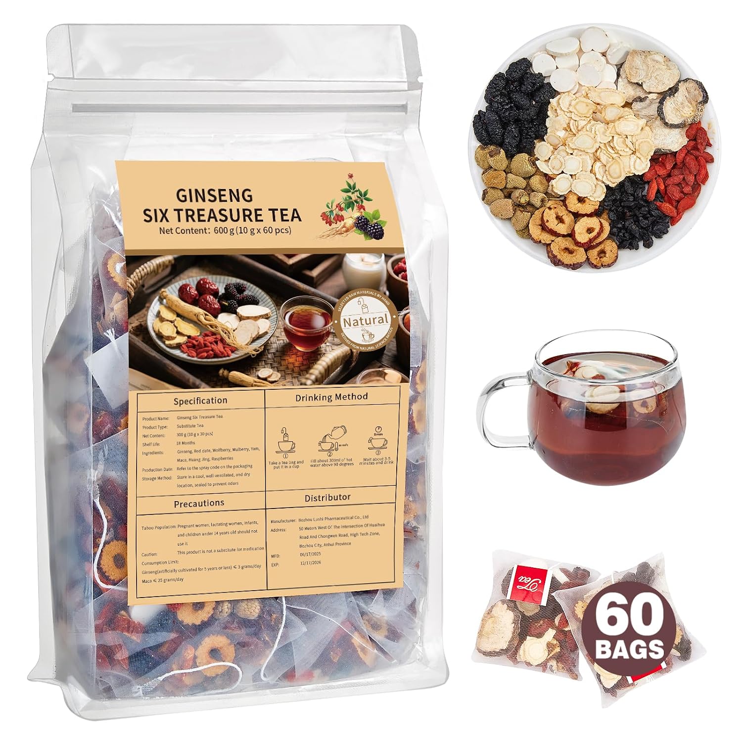 Kidney Tea Formula Ginseng Six Treasure Tea, Ginseng & Mulberry Herbal Tea, Kidney Cleanse Detox & Repair, Traditional Chinese Herbal Tea Bags, Five Treasures Teas For Men Women (60 Bags/1 Pack)