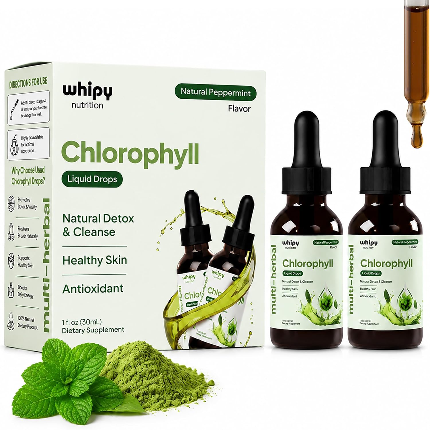 2 Pack Chlorophyll Liquid Drops for Women and Men, Liquid Chlorophyll Drops with Sodium Copper Chlorophyllin, Healthy Skin and Antioxidant Support, Natural Peppermint, 2x1fl oz