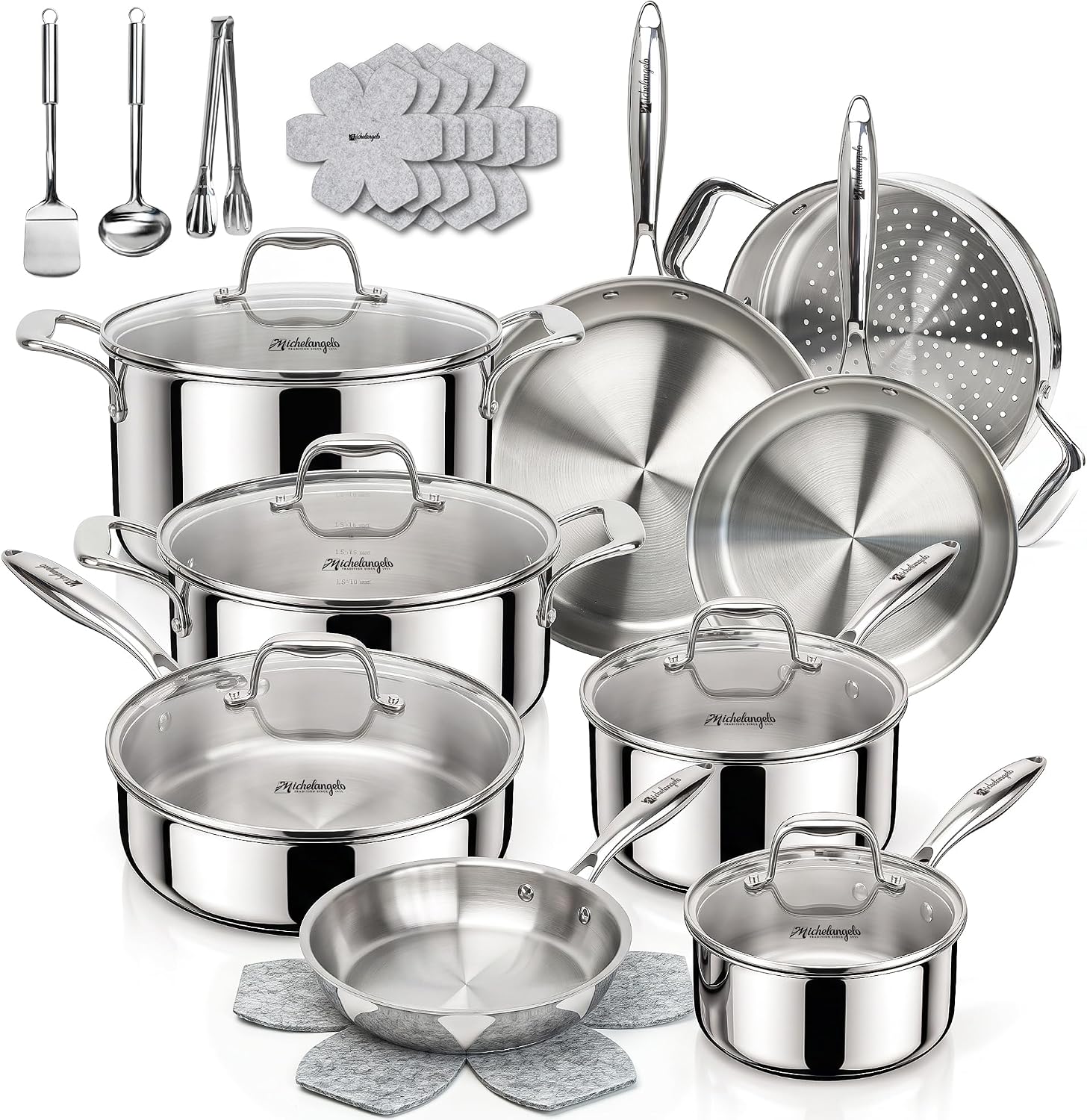 MICHELANGELO 5-Ply Stainless Steel Cookware Set, 23-Piece Pots and Pans Set