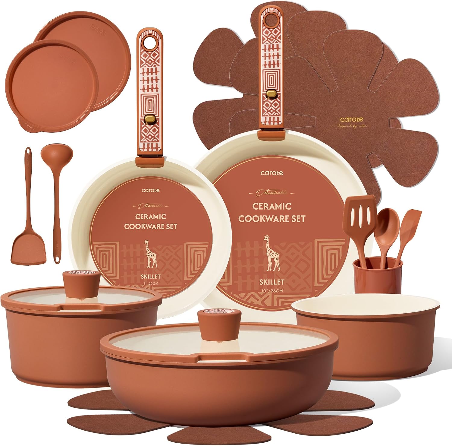 CAROTE 21pcs Ceramic Cookware Set, Pots and Pans Set with Detachable Handle