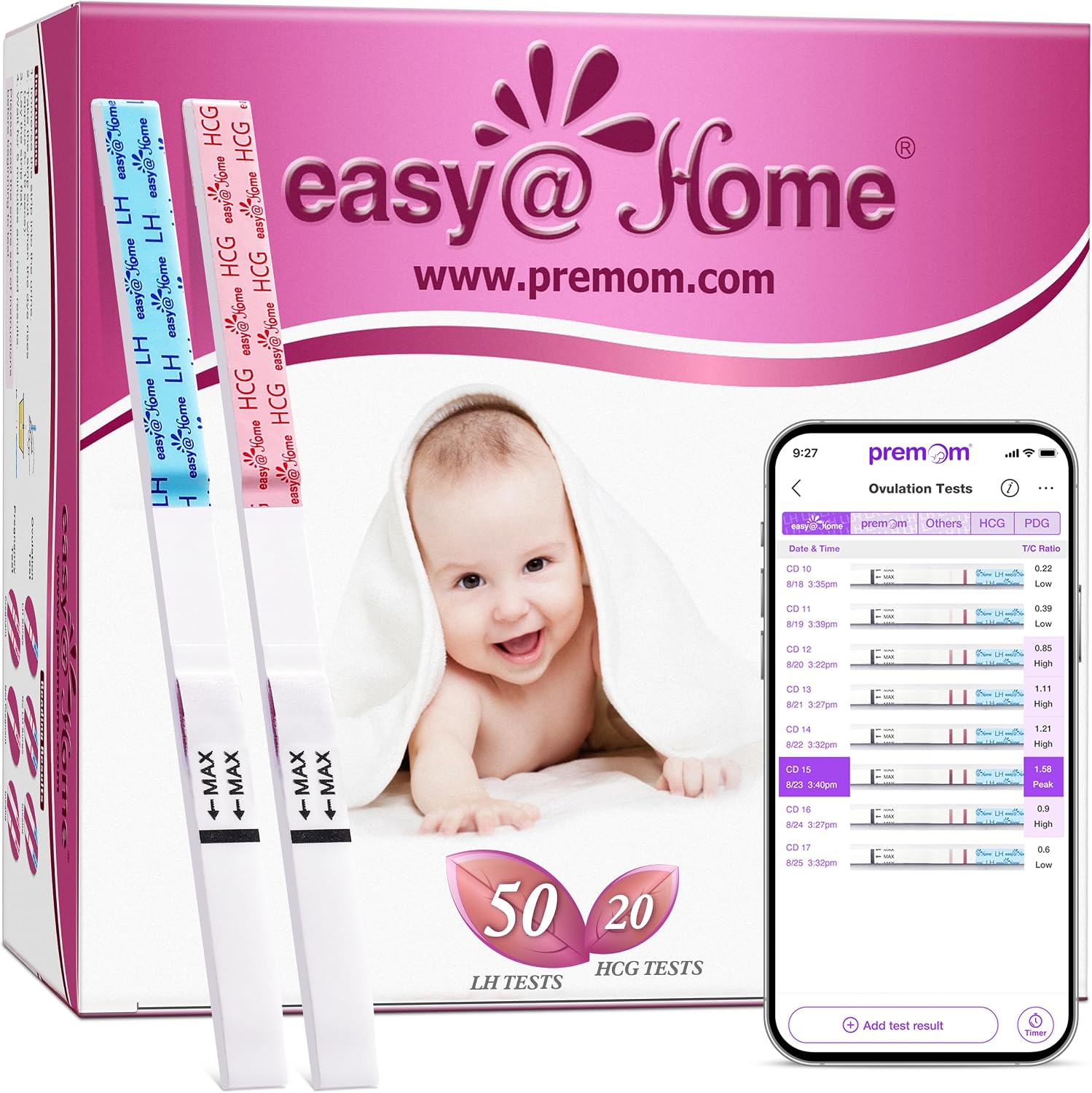 easy@Home 50 Ovulation Test Strips and 20 Pregnancy Test Strips Combo Kit | Powered by Premom Ovulation Predictor App for Daily Cycle Tracking; Package May Vary