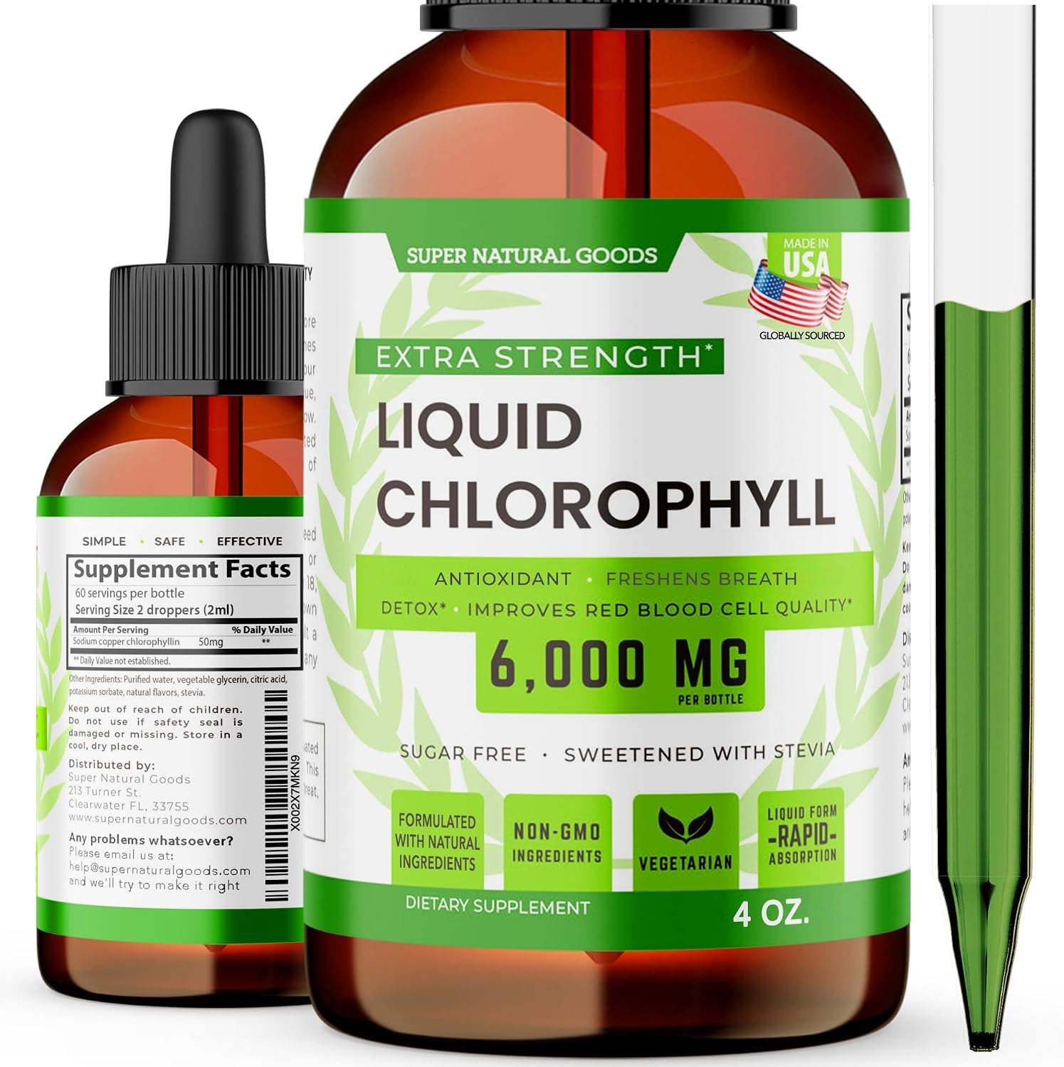 Super Natural Goods Liquid Chlorophyll Drops 60 Servings for Daily Wellness – Plant-Based Chlorophyll Liquid Supplement, Vegan & Non-GMO, Easy-Mix Drops for Water or Juice – 4oz Dropper Bottle 6000mg