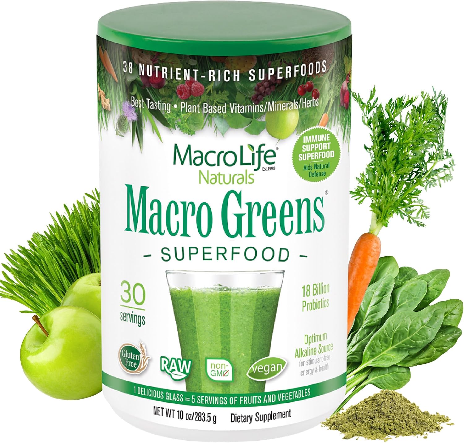 MacroLife Naturals Macro Greens Powder, 10oz | Vegan, Digestive Enzymes, Adaptogens, 18 Billion CFU Probiotics, Non GMO, Vegan, Gluten & Dairy-Free, 30 Servings