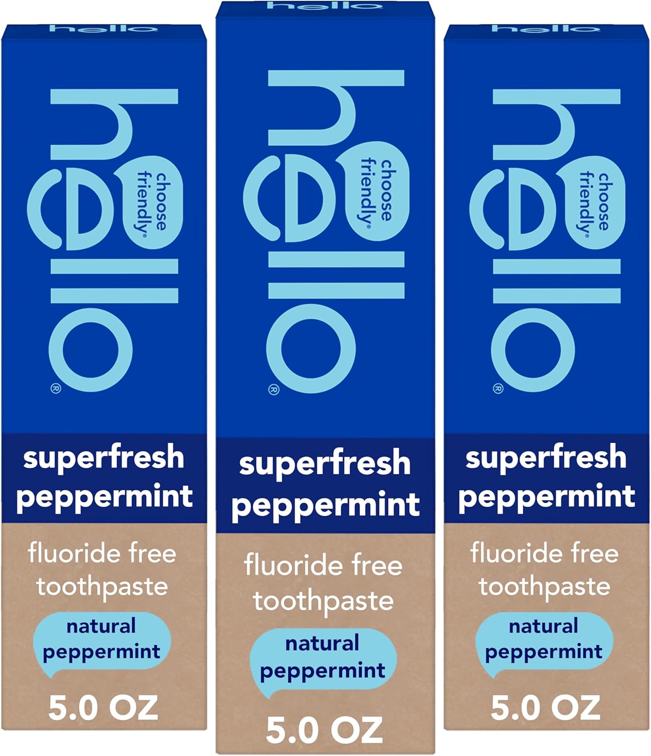 Hello Superfresh Natural Peppermint Fluoride Free Toothpaste for Bad Breath, 5 Oz, Minty Bad Breath Toothpaste, SLS Free, Vegan, Helps Whiten Teeth by Removing Surface Stains (Pack of 3) | Natural Peppermint, Bad Breath Toothpaste, Freshens Breath, Whitens Teeth By Removing Surface Stains, Reduces Plaque
