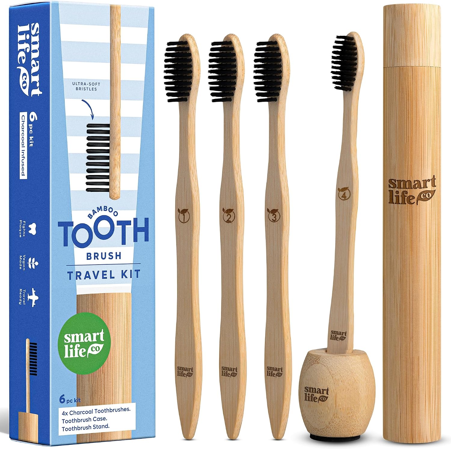 Bamboo Charcoal Toothbrushes (4 Pack) with Travel Case & Stand – Extra Soft Bristles for Adults & Kids Teeth | Zero Waste Travel Toothbrush Kit | Natural Eco-Friendly Wooden Brush Holder Cover