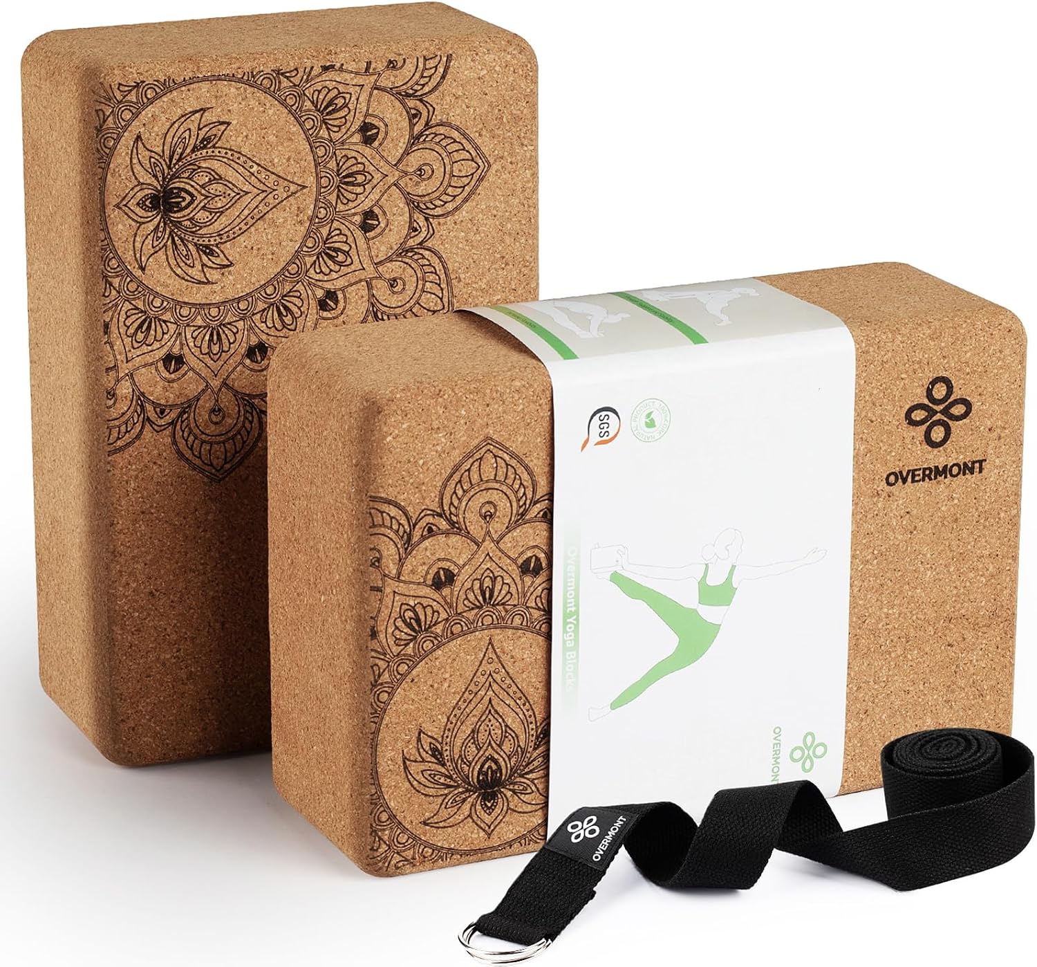 Overmont Cork Yoga Blocks 2 pack with 8ft Strap Natural Cork Bricks