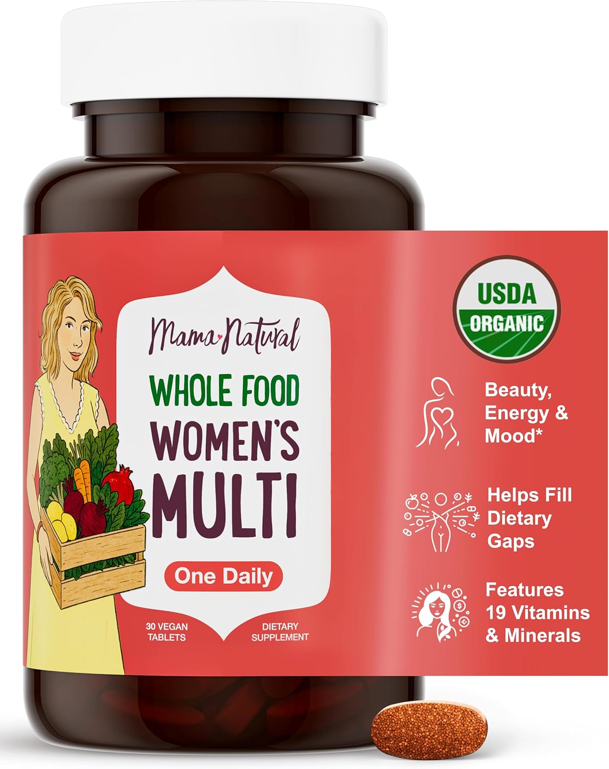 Mama Natural Organic Women’s Multivitamin – Whole Food Based, 1 A Day Vegan Tablet – USDA Organic, Non-GMO, Clean Label Multivitamin for Women – 30 Day Supply with Iron & Methylated B12