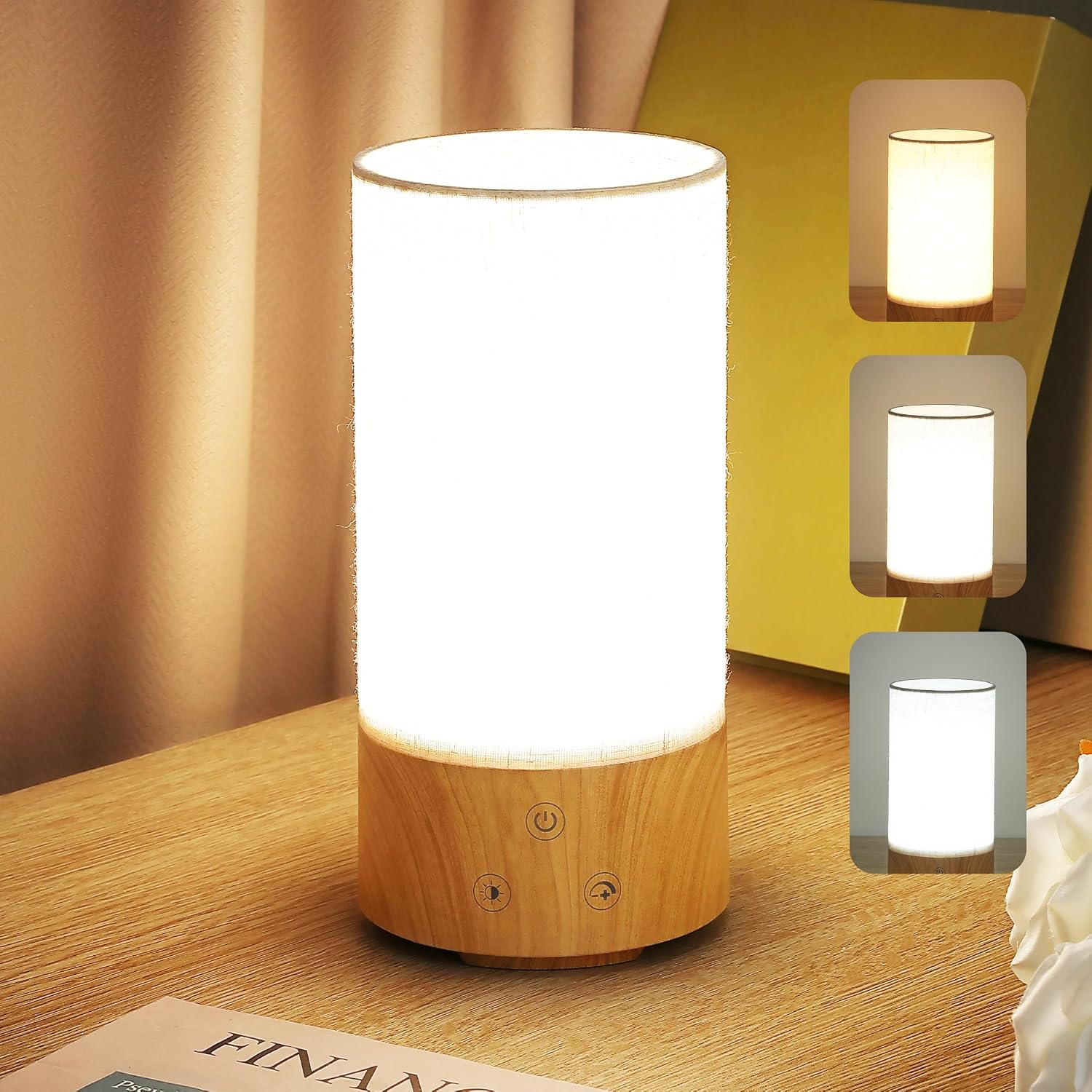 Caromolly Light Therapy Lamp, Happy Lamp 10,000 LUX UV Free with 3 Color Temperature & 5 Brightness Level, Full Spectrum Light Wood Base Round Flaxen Fabric Shade for Home, Office, 4″ × 8.4”