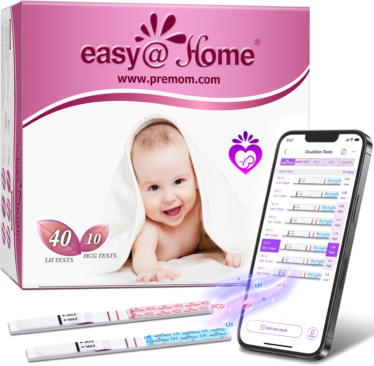 Easy@Home Ovulation Test Strips Powered by Premom Ovulation Predictor APP, FSA Eligible, 40 Ovulation Test and 10 Pregnancy Test Strips, 40LH +10HCG | Package May Vary | FSA Eligible, Ovulation Predictor Kit with 40 LH and 10 hCG Tests, Use with Premom App for Cycle Tracking | Package May Vary