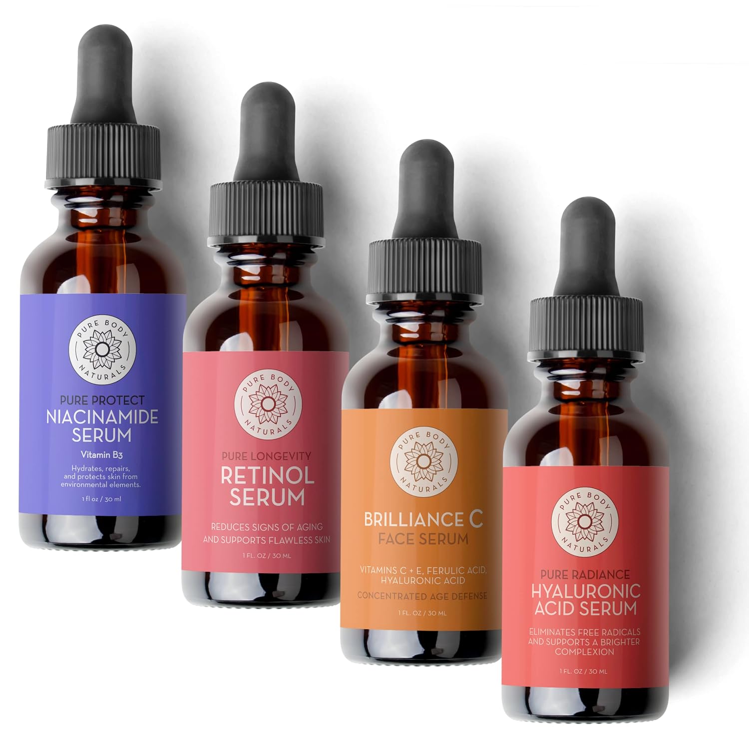Facial Serum Gift Set for Women, 4 1oz Serums | Set includes hyaluronic acid, retinol, vitamin C and niacinamide serums for a simple face serum routine