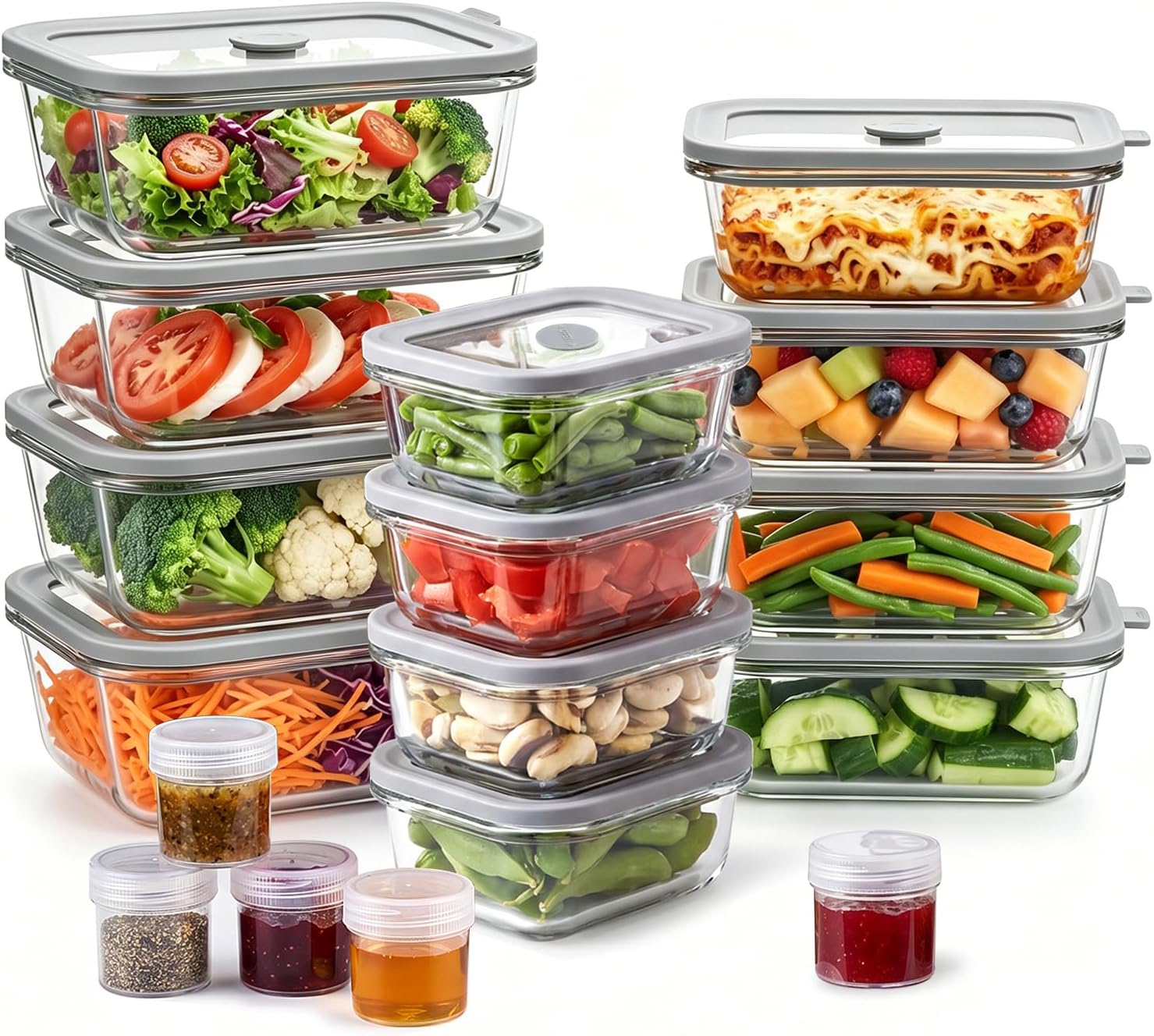 12 Pack Multi-Size Glass Food Storage Containers with Glass Lids | Airtight, Leakproof, Grey, 33oz/21oz/13oz Glass Meal Prep Containers with 5 Sauce Jars for Microwave,Oven,Freezer,Dishwasher