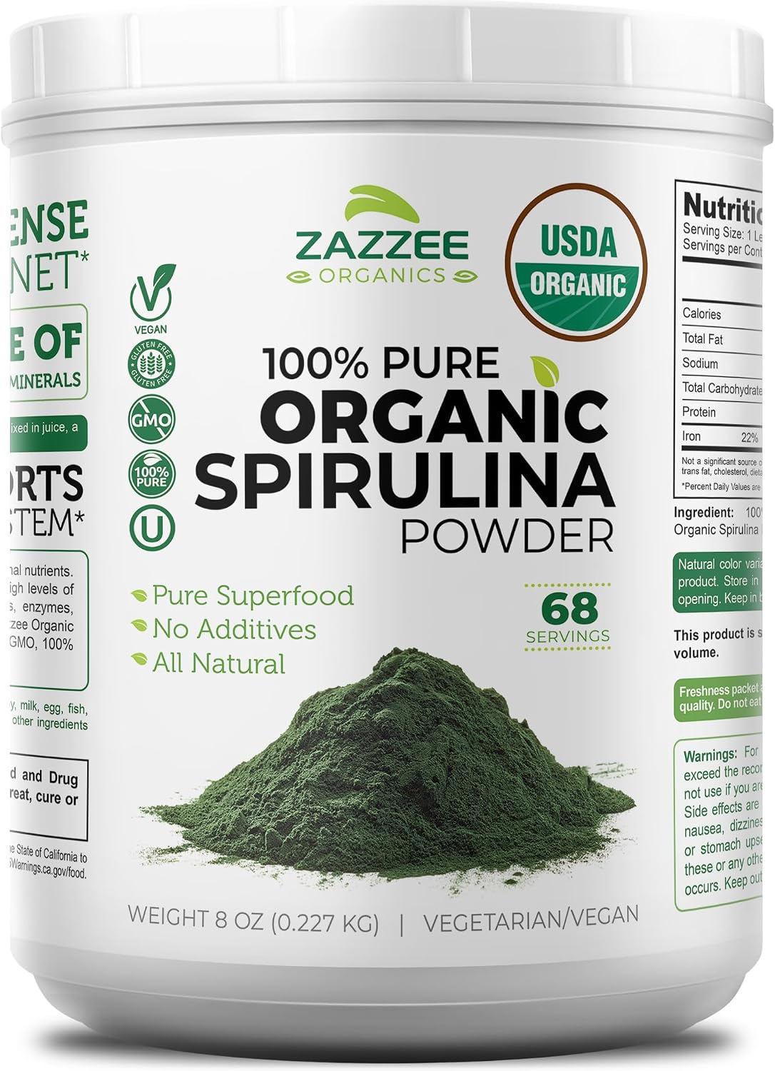 Zazzee USDA Organic Spirulina Powder, 8 Ounces, 68 Servings, 100% Pure