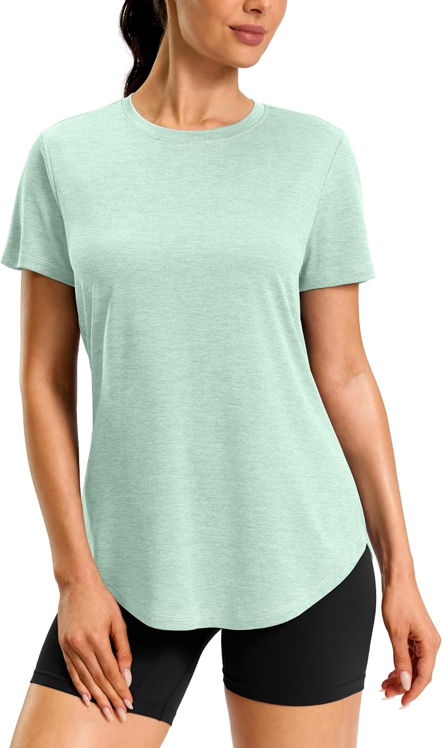 Women’s Workout Shirts Bum-Covering Length Short Sleeve Lightweight Dry Fit