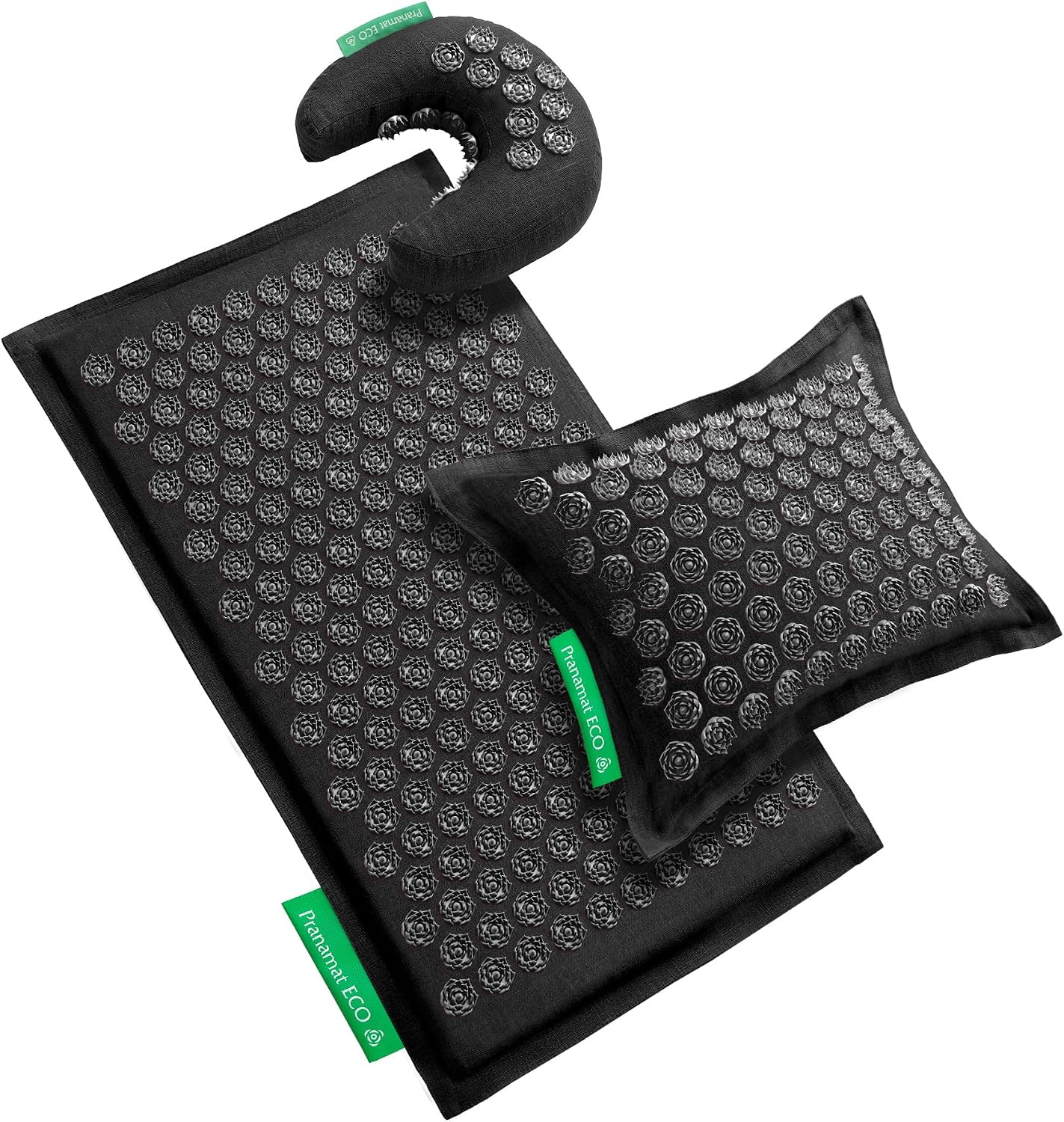 Pranamat Acupressure Large Mat with Regular & Moon Pillow Set, Premium Acupressure Therapy for Pain Relief and Relaxation, Handcrafted in Europe with Sustainable and Natural Materials (Obsidian)