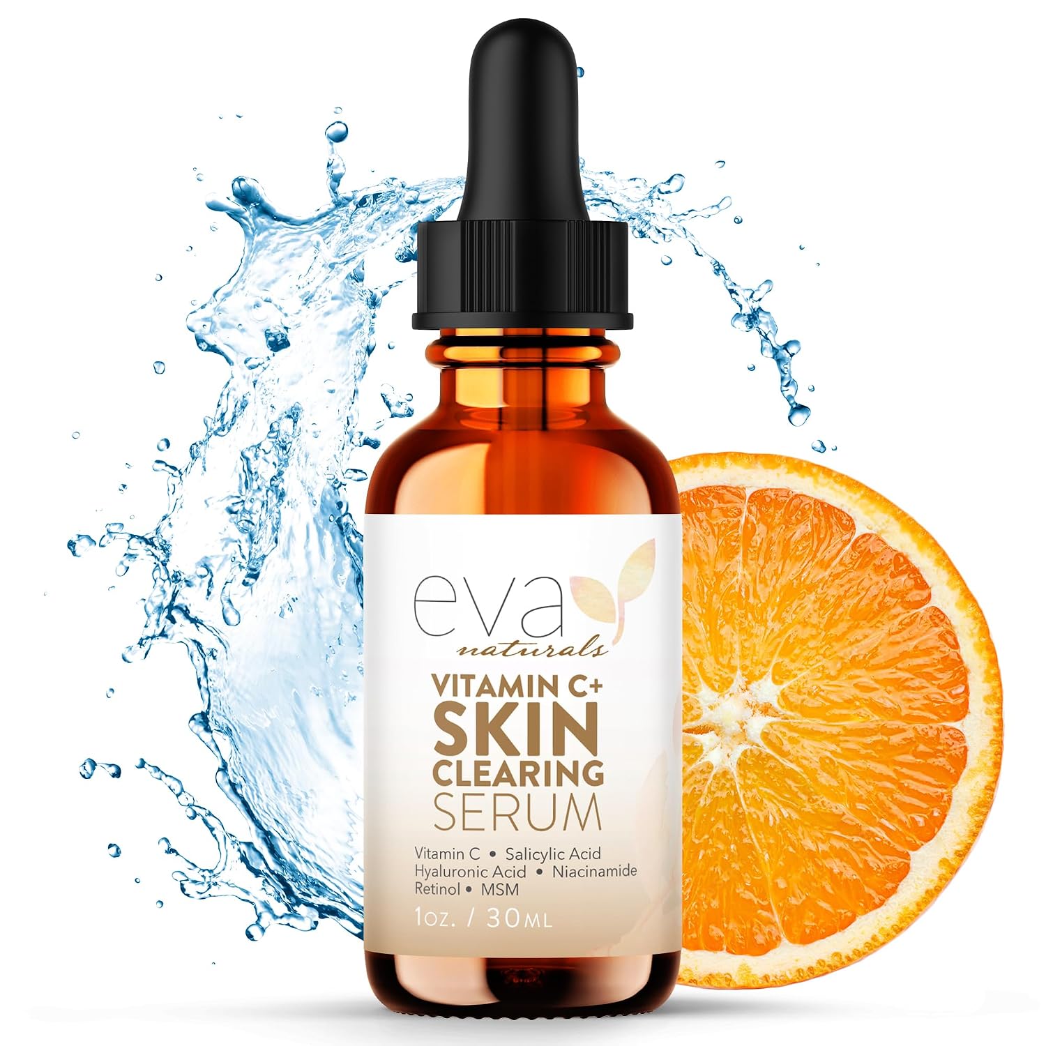 Eva Naturals Skin Clearing Vitamin C Serum, Retinol & Salicylic, 1 oz | clarifying, refines the look of pores, blemishes & post-blemish marks, msm, niacinamide, stable vitamin c, for women & men