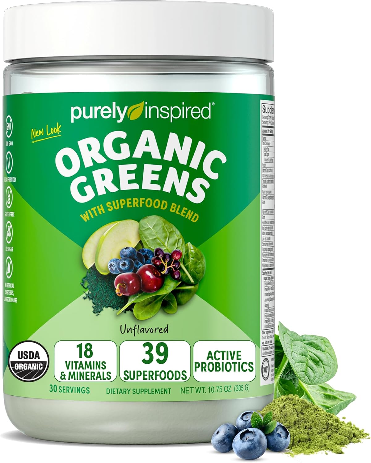 Purely Inspired Organic Greens Powder Superfood Smoothie Mix, Unflavored | Super Greens with Probiotics, Spirulina & Chlorella for Gut & Digestive Health – Vegan (30 Servings)