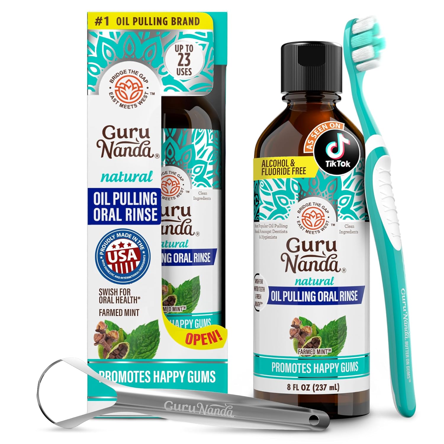 GuruNanda Oil Pulling Alcohol Free Mouthwash with Vitamins, CocoMint, 8oz