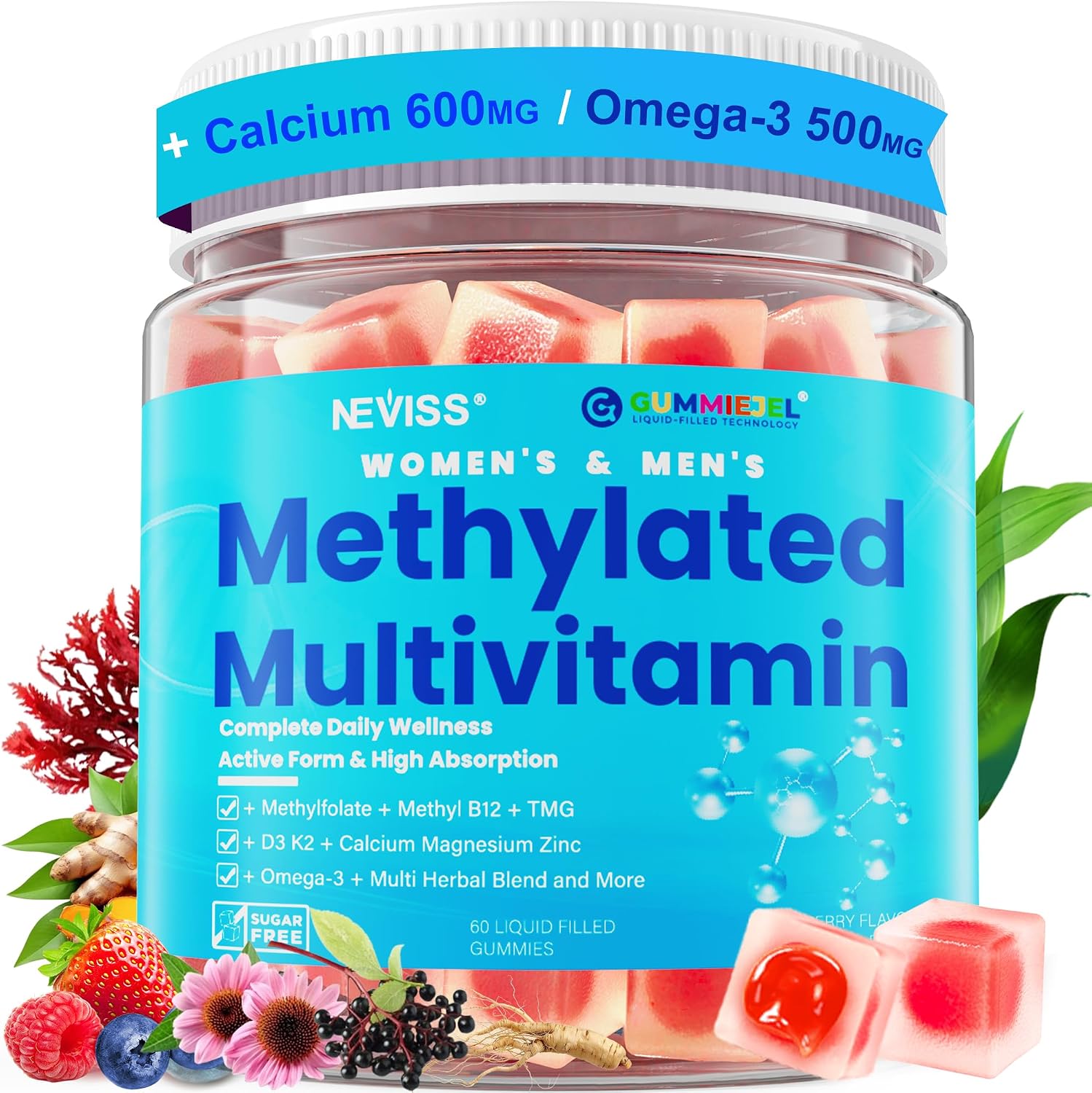 Methylated Multivitamin for Women & Men Gummies w/ Omega-3, Calcium, D3 K2, Methylfolate & B12, TMG, Daily Vitamins, Mag, CoQ10, Probiotic for 18 30 40 50 60 70+, Overall Health – Vegan, Sugar Free