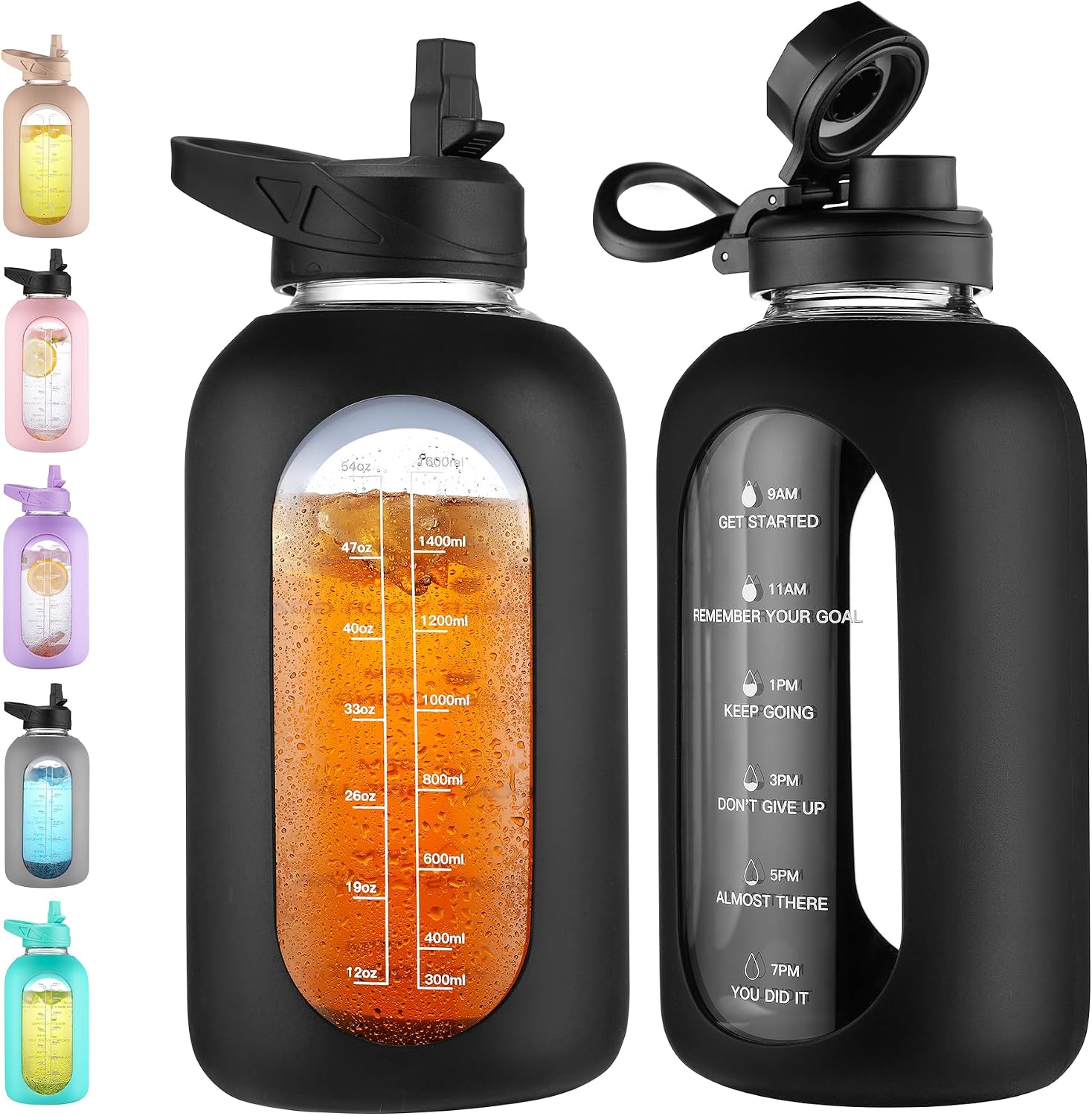 CIVAGO 64 oz Glass Water Bottle with Straw, Half Gallon Large Water Jug | Motivational, Time Marker, Leakproof Lids, Wide Mouth, Flask Cup with Handle and Silicone Sleeve, for Juices, Black