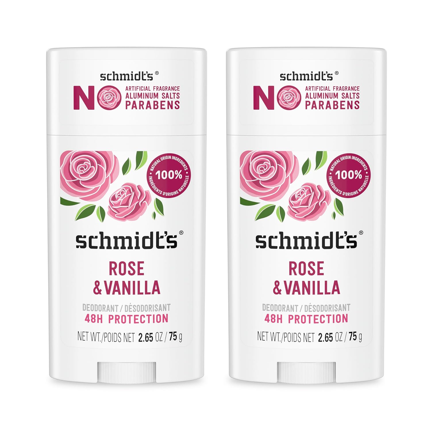 Schmidt’s Aluminum-Free Vegan Deodorant Rose & Vanilla 2.65 oz 2 Count | 24 Hour Odor Protection for Women and Men. With Natural Ingredients. Cruelty-Free