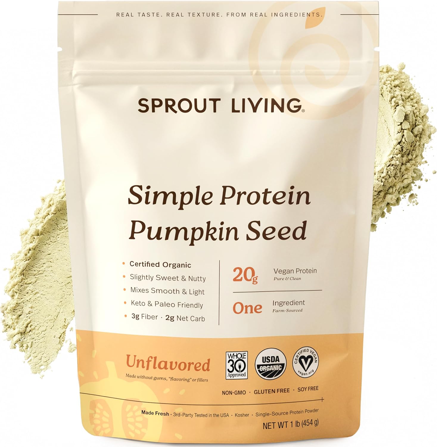 Sprout Living Organic Pumpkin Seed Protein Powder, Unflavored, 20 Grams of Plant Based Protein Powder Without Artificial Sweeteners, Non Dairy, Non-GMO, Vegan, Gluten Free (1 Pound, 14 Servings)