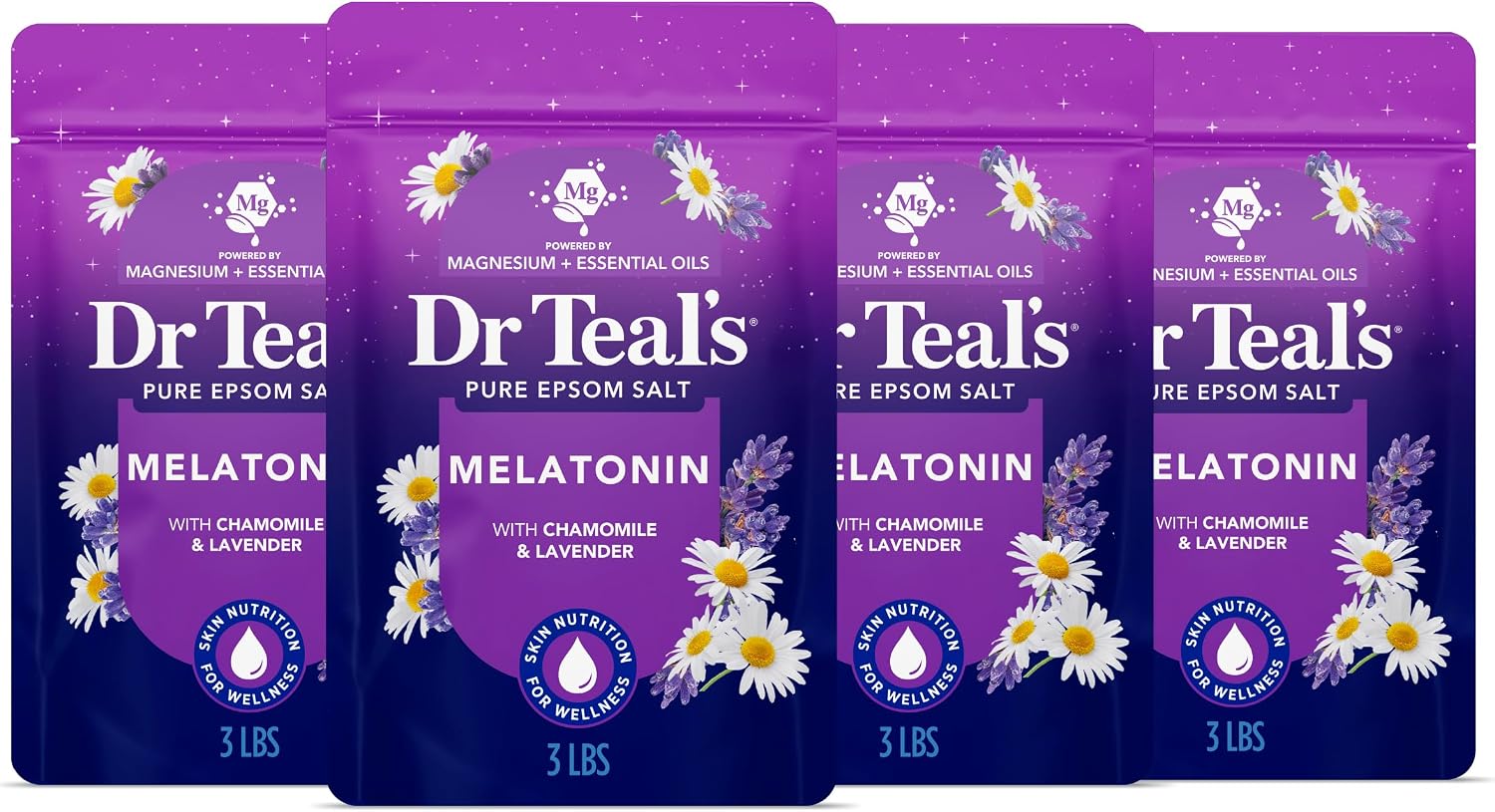 Dr Teal’s Pure Epsom Salt, Melatonin Sleep Soak with Essential Oil Blend, 3 lb (Pack of 4)