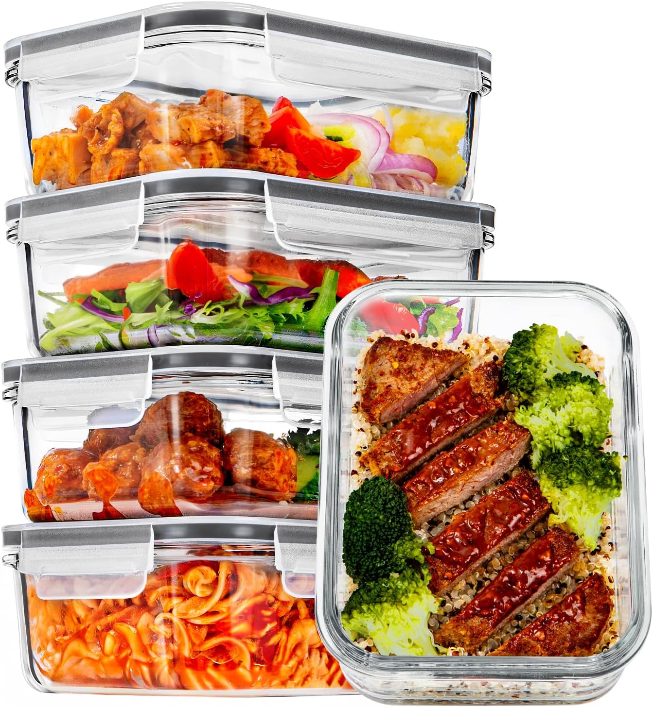 Vtopmart 5Pack 30oz Glass Meal Prep Container Sets with Lids, Grey | Glass Food Storage Containers, Snap Airtight Lid, For Microwave, Oven, Freezer and Dishwasher Safe, BPA Free