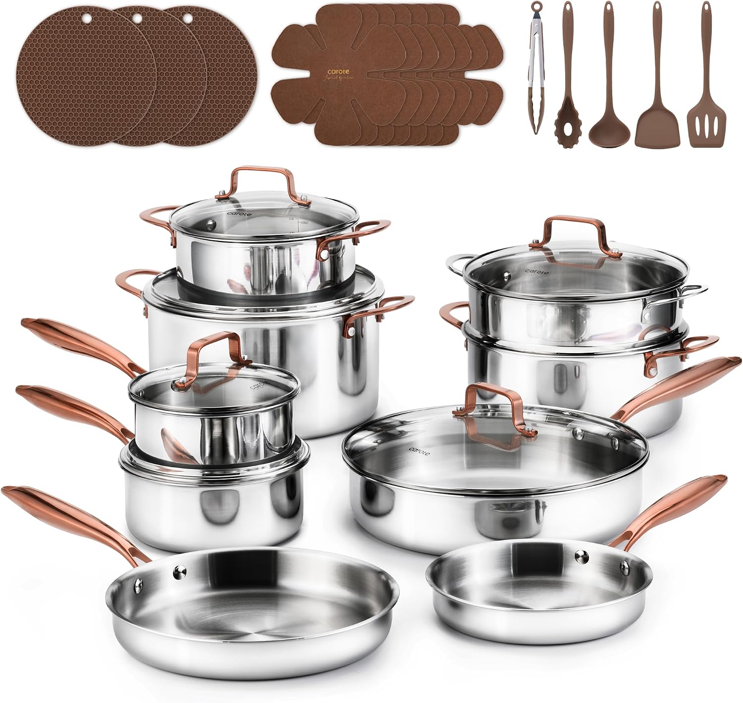 CAROTE 30 PCS Tri-Ply Stainless Steel Cookware Set Pots and Pans Set