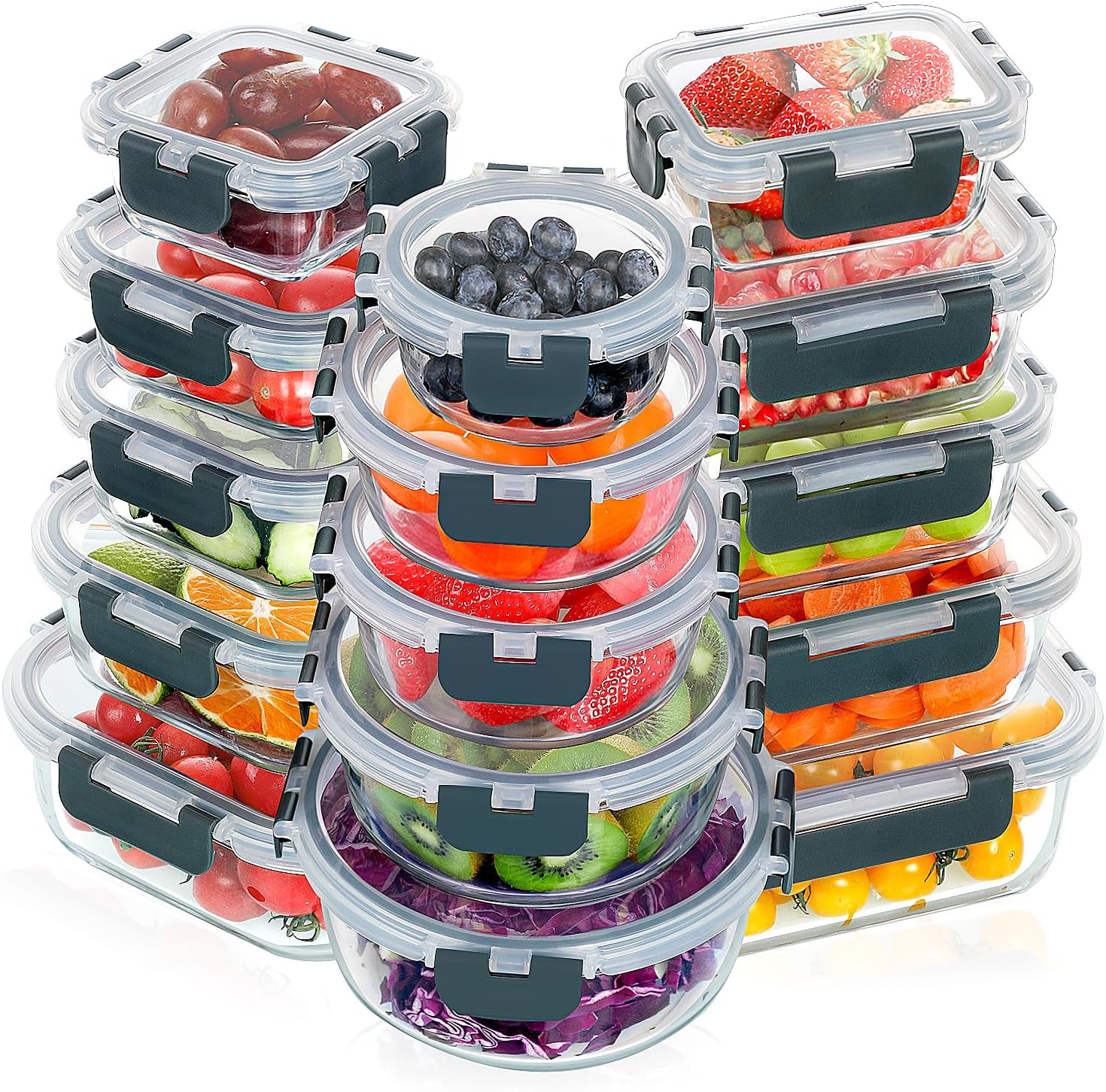 VERONES 30 Pieces Glass Food Storage Containers Set with Lids, Grey | Stackable Glass Meal Prep Containers Set with Lids, Airtight Lunch Containers, for Microwave, Oven, Freezer & Dishwasher