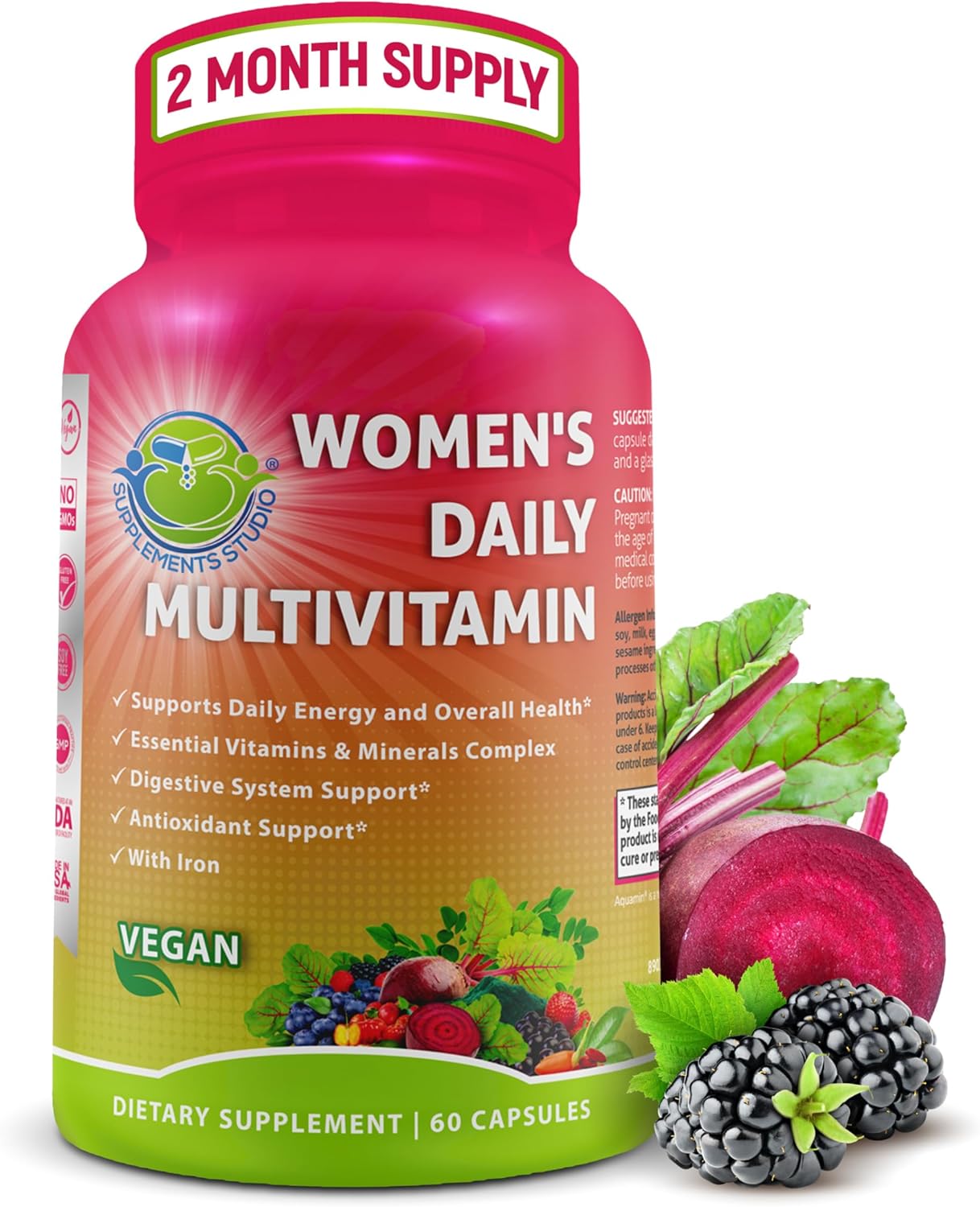 Vegan Methylated Multivitamin for Women – Biotin, Probiotics & Iron | Women’s Daily Multivitamin with Iron – Energy Digestive & Optimal Health Support-Organic Superfoods, Easy-to-Swallow Capsules