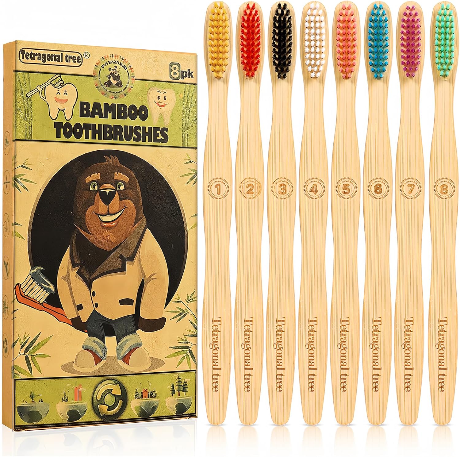 Tetragonal tree 8 Count Biodegradable Bamboo Toothbrushes – Natural Toothbrush Value Pack – Extra Soft Toothbrush for Adults, Good for Sensitive Teeth and Gums