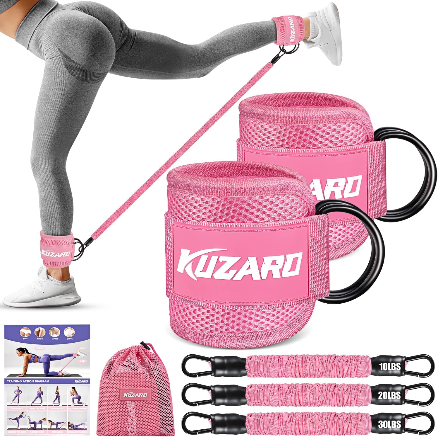 KUZARO Ankle Resistance Bands with Cuffs, Ankle Weights Bands for Working Out, Women Leg and Glutes Workout Equipment, Exercise Bands for Kickbacks, Butt and Booty Trainer, Home Gym Fitness Equipment