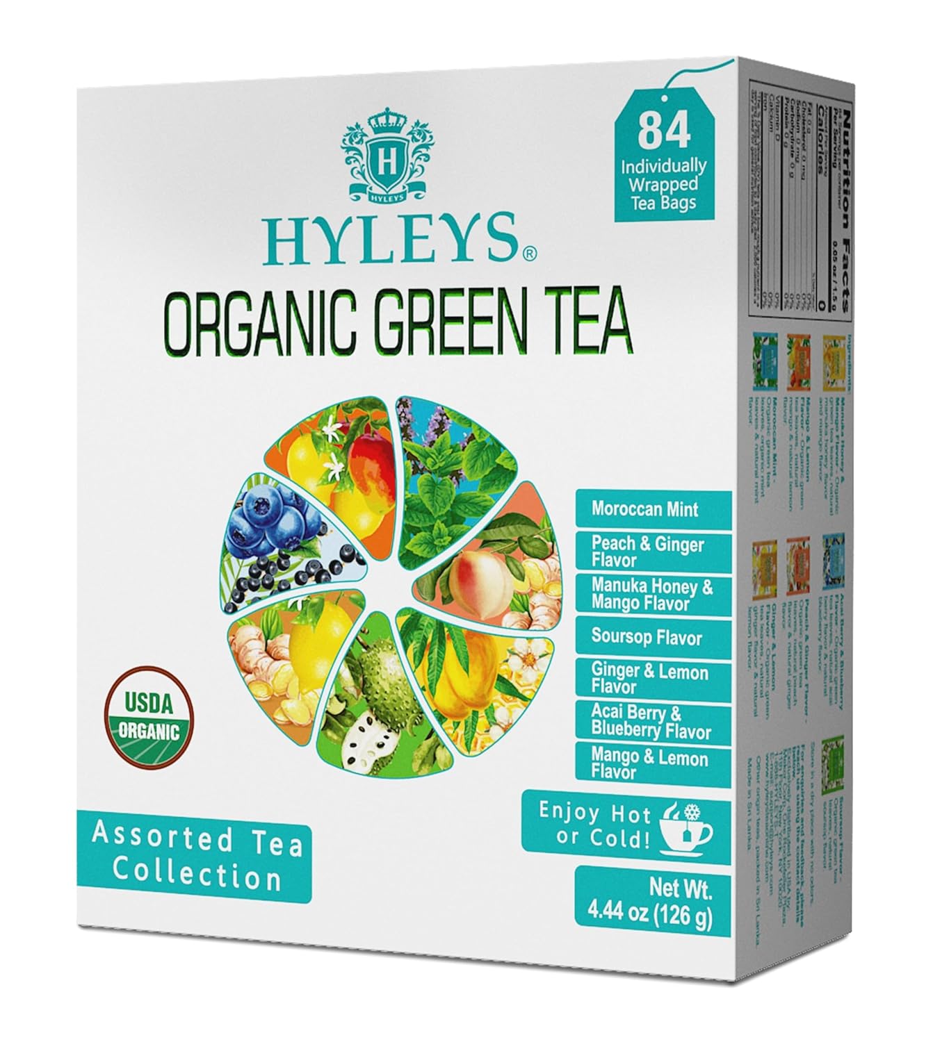 Hyleys Organic Green Tea, 7 Assorted Flavors, Vegan, Natural, 84 Tea Bags | USDA Organic Green Tea, 7 Assorted Flavors, Kosher & Non-GMO, Individually Wrapped Bags, Hot or Iced, No Preservatives