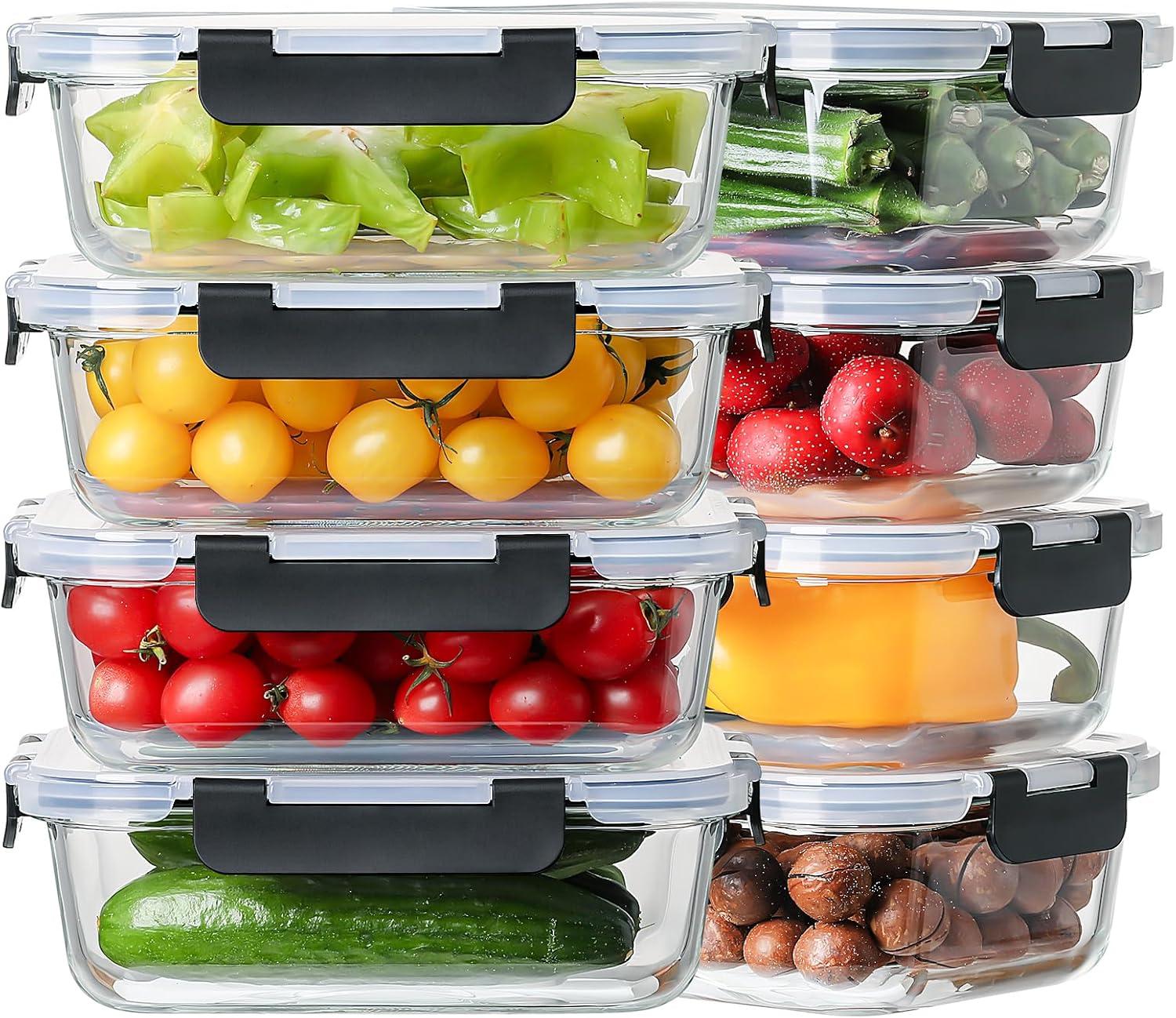 8-Pack 36oz Large Glass Meal Prep Containers with Leakproof Snap-Lock Lids | Borosilicate Glass Food Storage Containers and Bento Boxes , BPA-Free, Oven, Freezer and Dishwasher Safe-Black