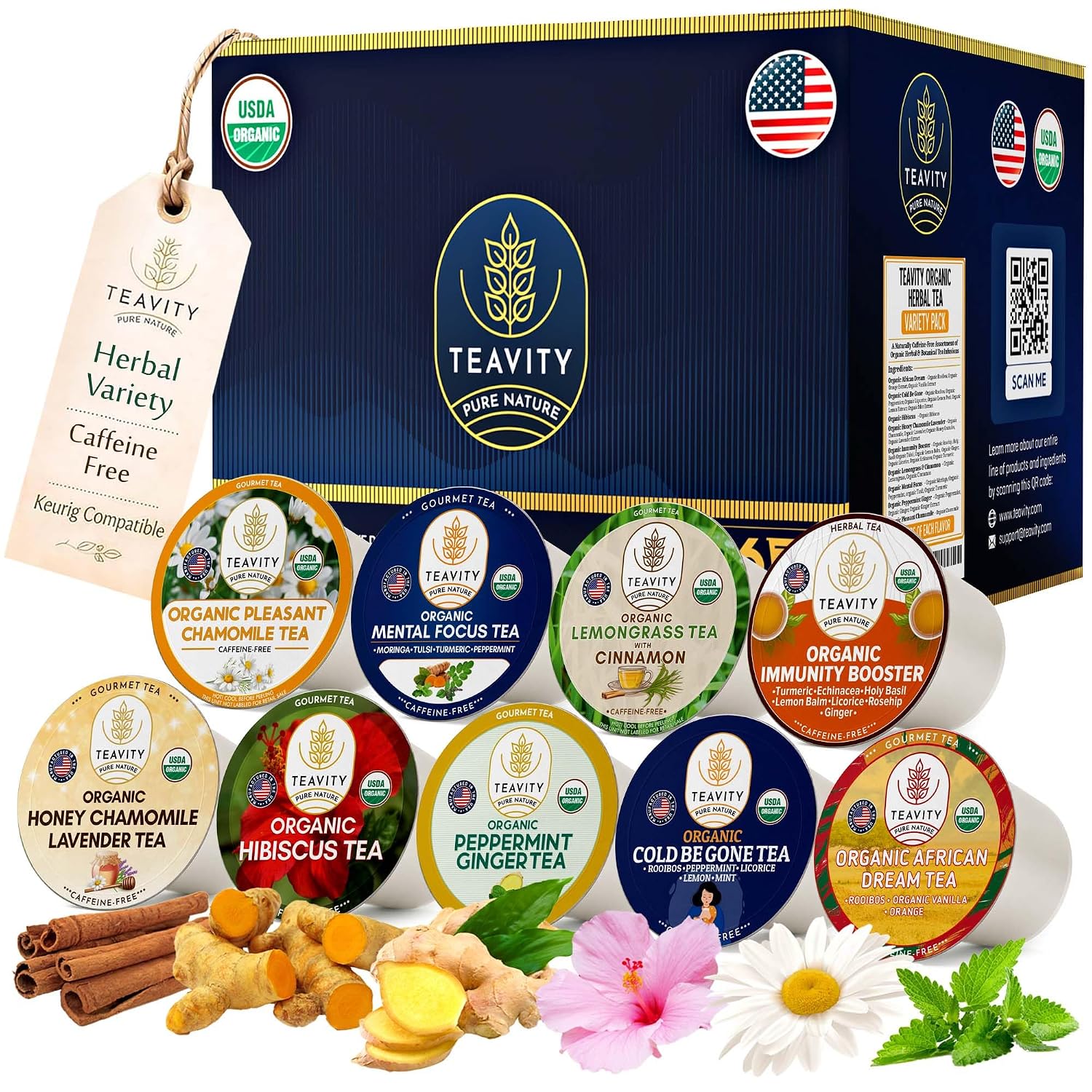 Teavity 9 Blend Organic Herbal Tea Pods Variety Pack, 36 ct. 9 Assorted Flavors, Single Serve Decaf Tea Pods – 100% Gourmet Blended Leaves, Compatible with Keurig K Cups Brewer