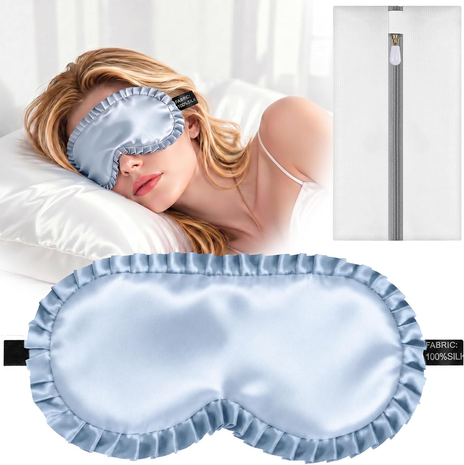 Silk Sleep Mask for Women, 100% Mulberry Silk Eye Sleeping Mask & Blindfold with Adjustable Strap, Ruffled Edge & Laundry Bag, Blackout Soft Eye Cover for Travel, Nap, Night Shift,Blue
