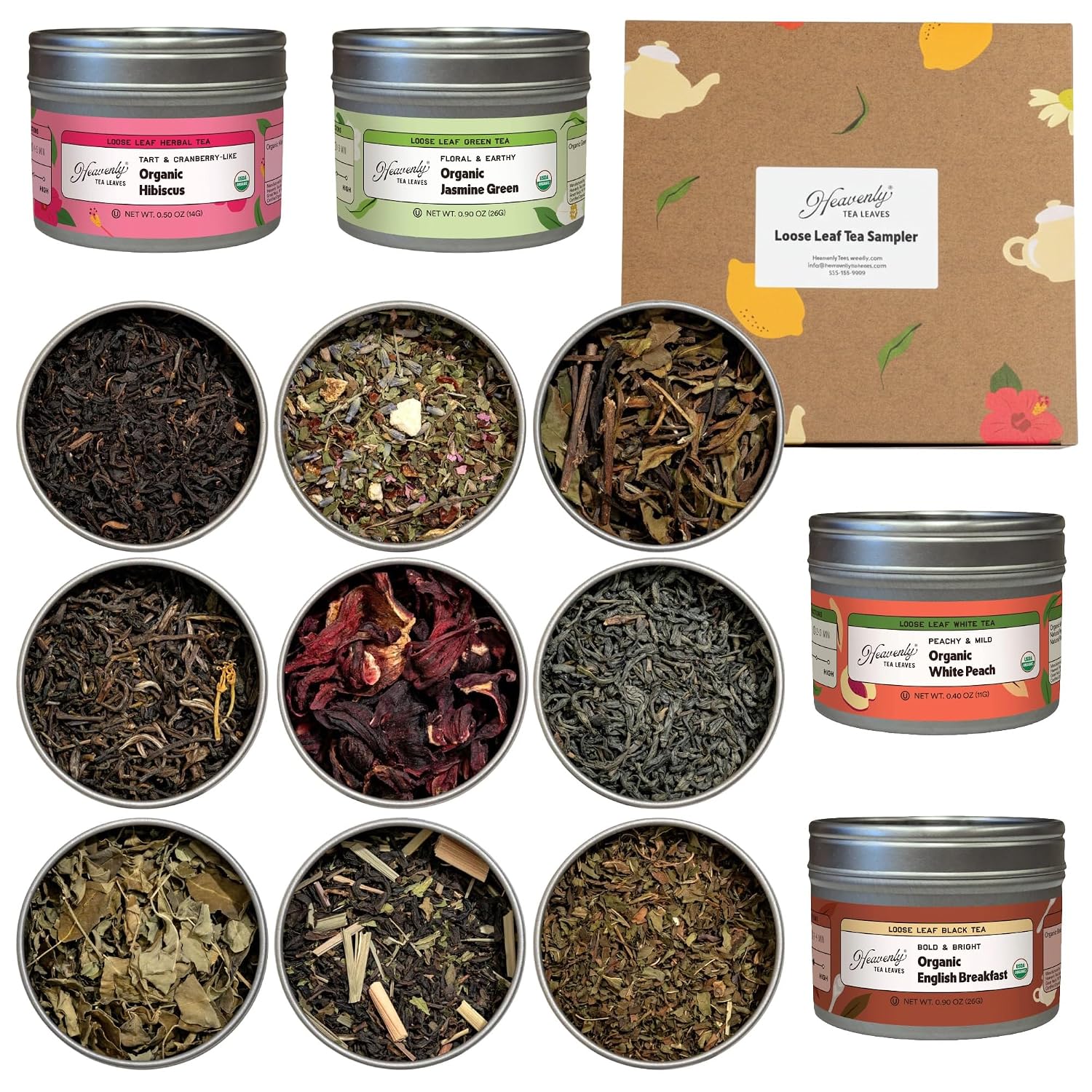 Heavenly Tea Leaves Organic 9 Flavor Variety Pack, Loose Leaf Tea Sampler | Approximately 90 Cups, Assorted Black, Green, White, Rooibos, & Herbal Teas, Caffeinated & Caffeine-Free Options