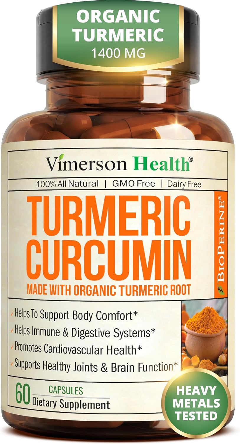 Turmeric Curcumin Supplement – 1400mg Organic Turmeric Curcumin with Black Pepper Extract for Max Absorption – Digestive & Joint Supplements for Men & Women w. Tumeric Extract & Bioperine – 60 Caps