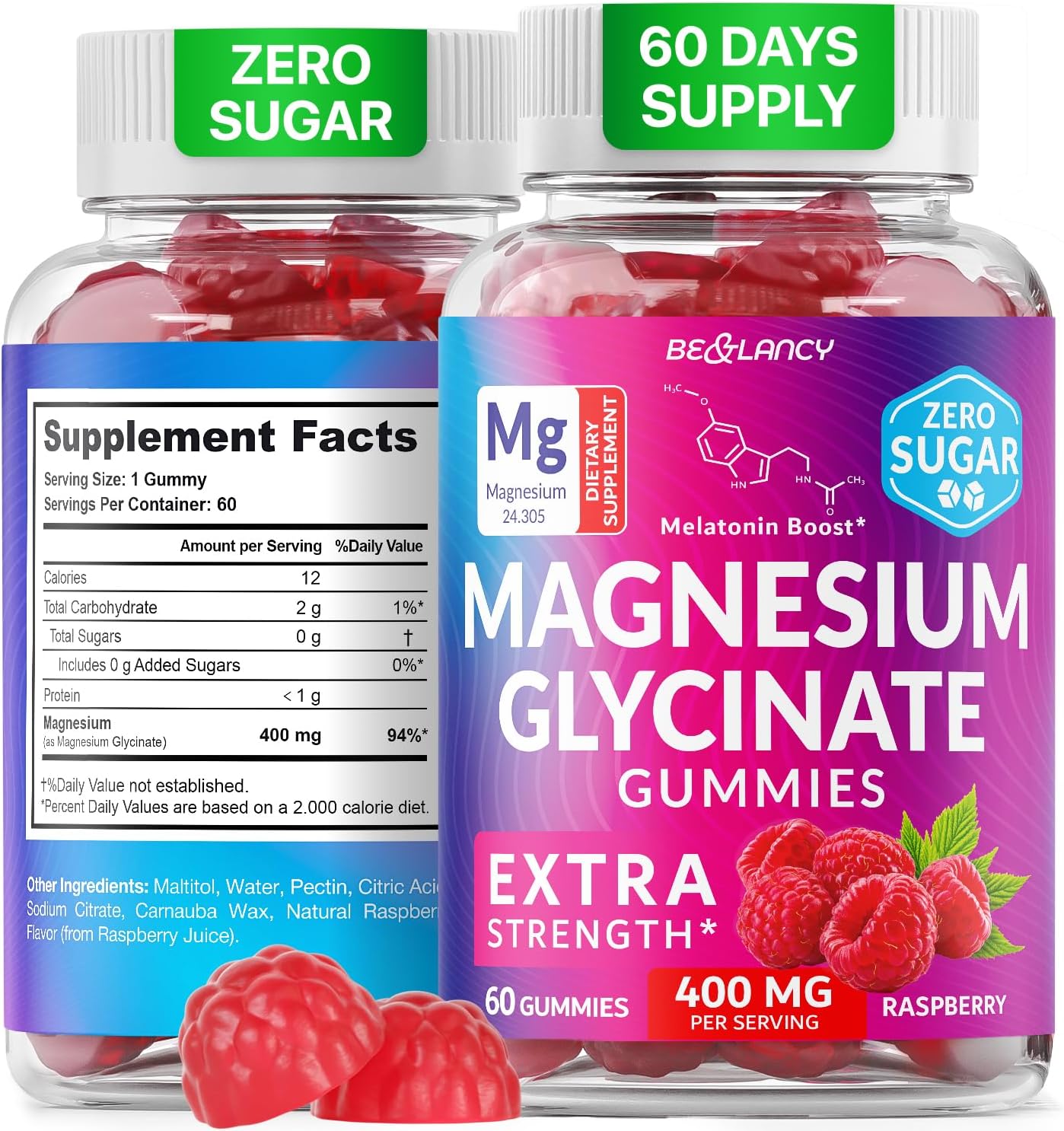 Magnesium Glycinate Gummies 400mg, Muscle Support and Relaxation, Magnesium Supplement for Women, Men and Kids, High Absorption, Sugar Free, Vegan, 60 Days Supply, Raspberry Flavor