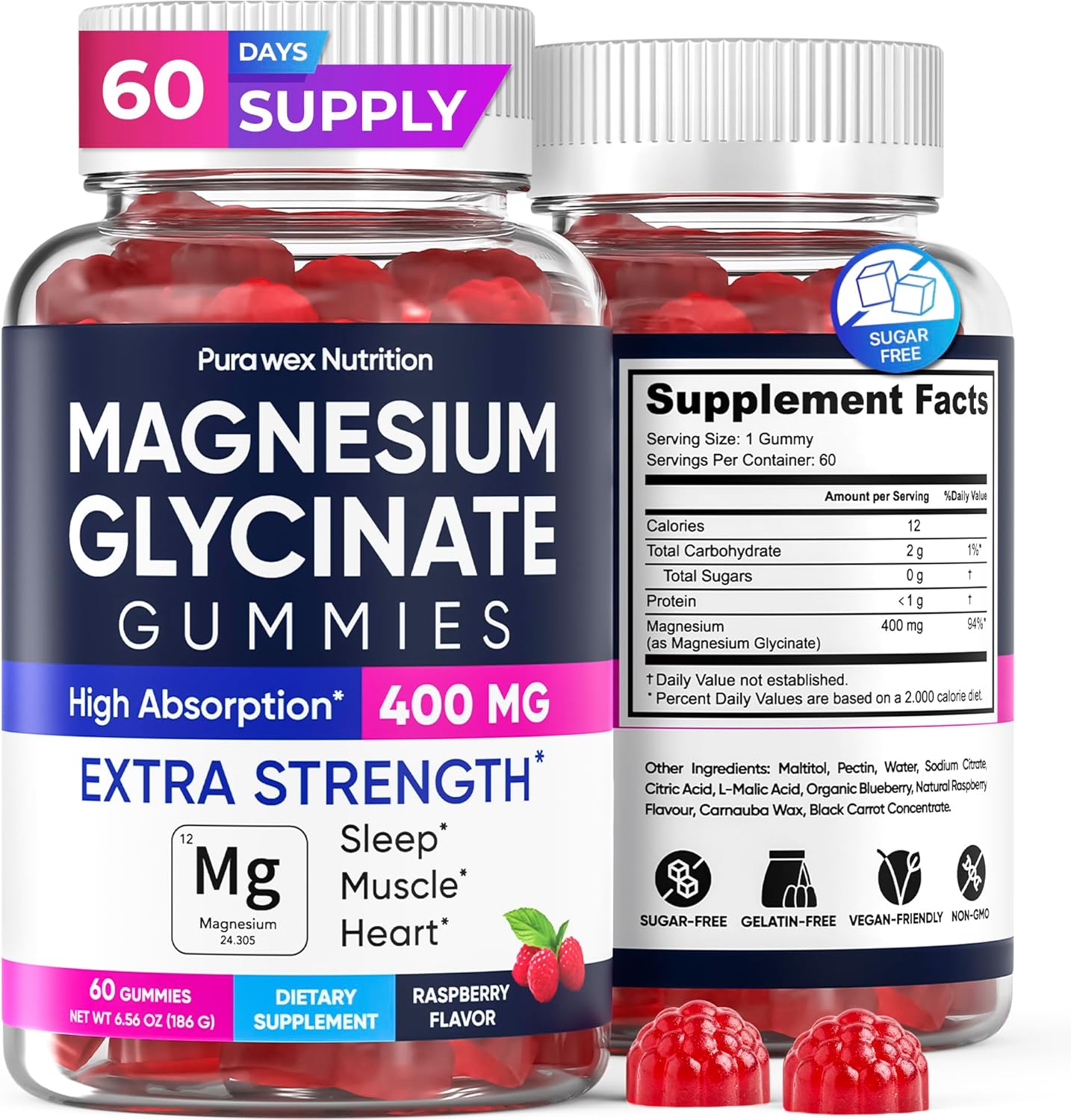 Magnesium Glycinate Gummies 400mg, High Absorption Magnesium Supplement for Women, Men and Kids, Muscle Support and Relaxation, Sugar Free, Vegan, 60 Days Supply