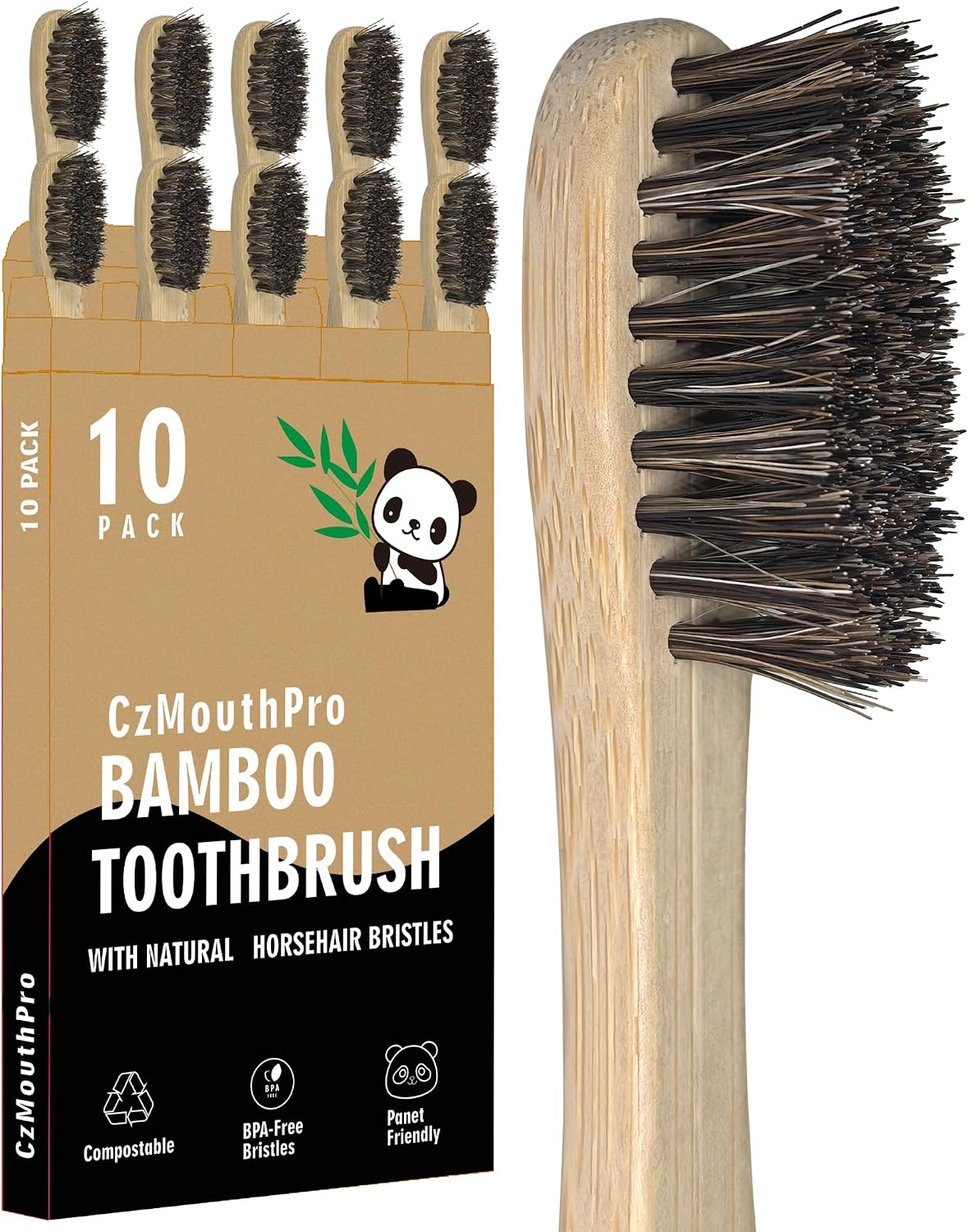 Natural Horse Bristle Bamboo Toothbrush 10 Pack Adult | Biodegradable eco-friendly material bamboo toothbrushes plastic free compostable