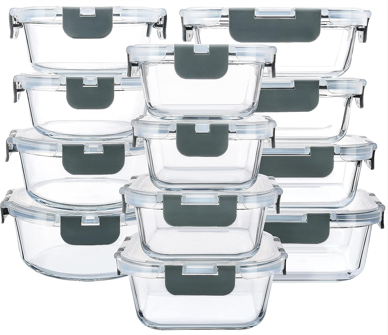 M MCIRCO 24 Piece Glass Food Storage Containers with Lids,Gray | Glass Meal Prep Containers,Airtight Lunch Containers with Lids, Microwave, Oven, Freezer and Dishwasher Friendly, BPA Free