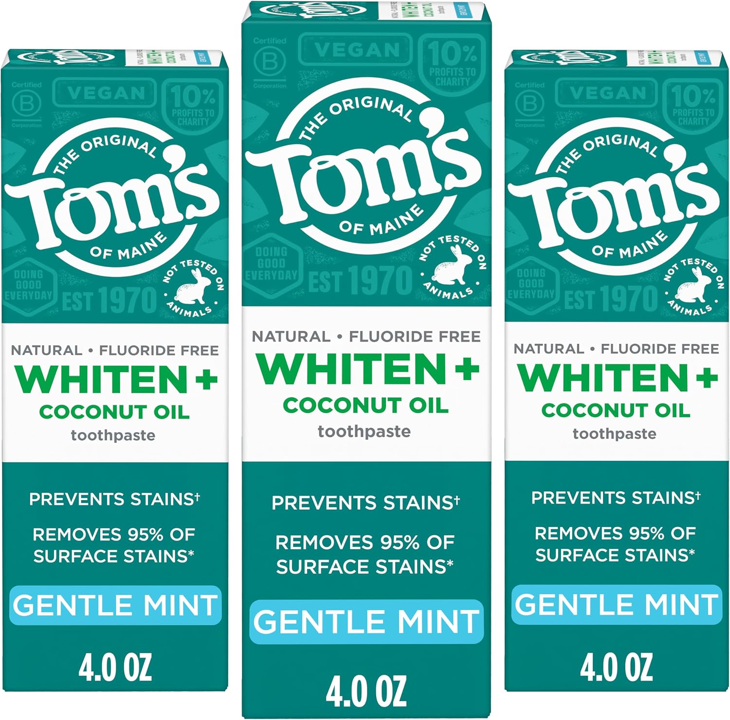 Tom’s of Maine Whiten and Coconut Oil Toothpaste, Gentle Mint, 3 Pack, 4 oz | Fluoride Free, Removes 95% of Surface Stains, Plant-Based Cleansers, Whitens Without Sensitivity