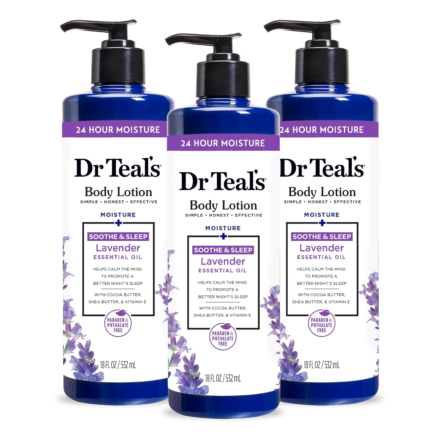 Dr Teal’s 24 Hour Moisture+ Body Lotion, Lavender Essential Oil, 18 fl oz (Pack of 3)