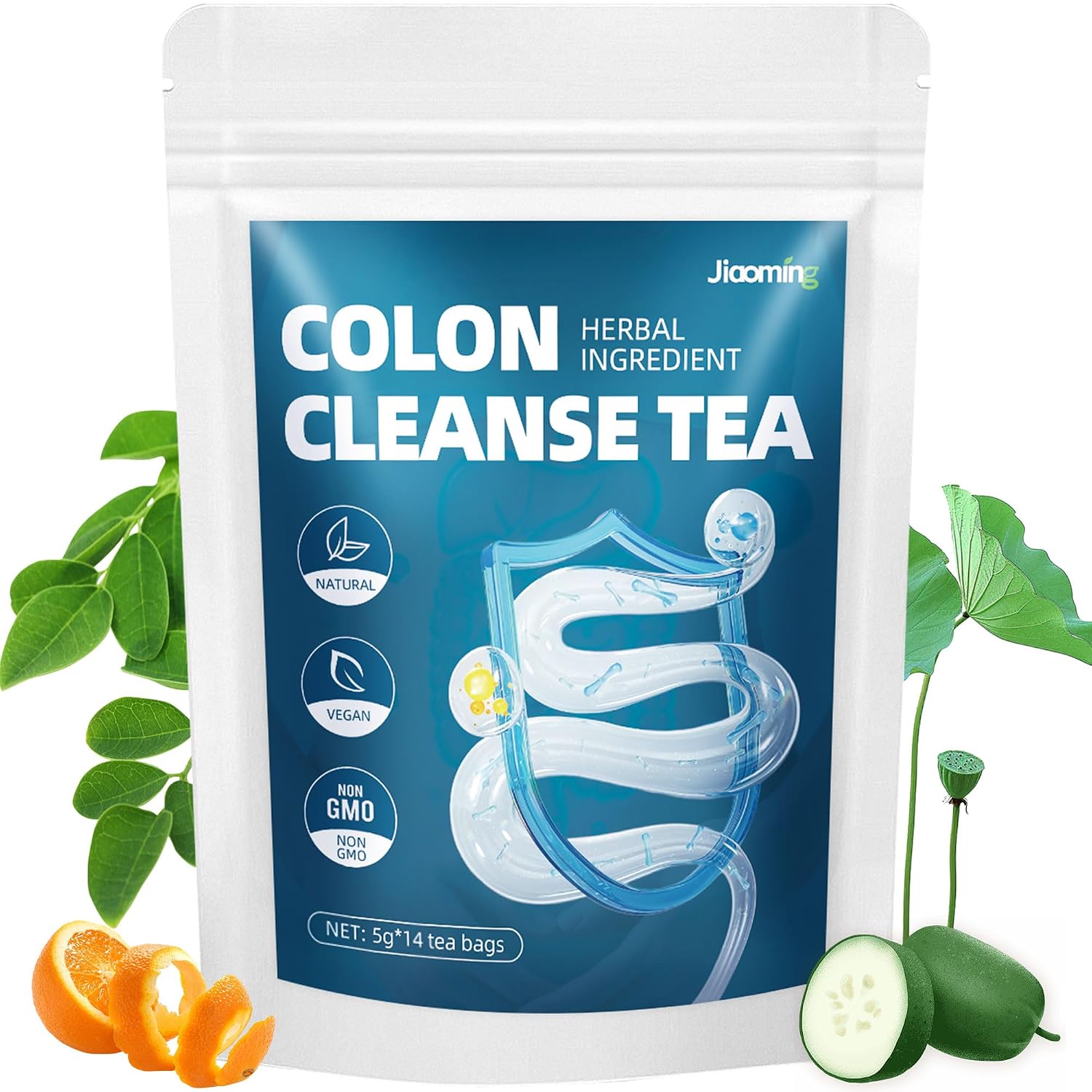 Jiaoming Natural 14 Days Colon Cleanse Tea for Women and Men Gut & Digestive Health, Body Cleanse & Detox Herbal Blend Teabags with Moringa Leaves, Winter Melon, Lotus Leaves & Roses